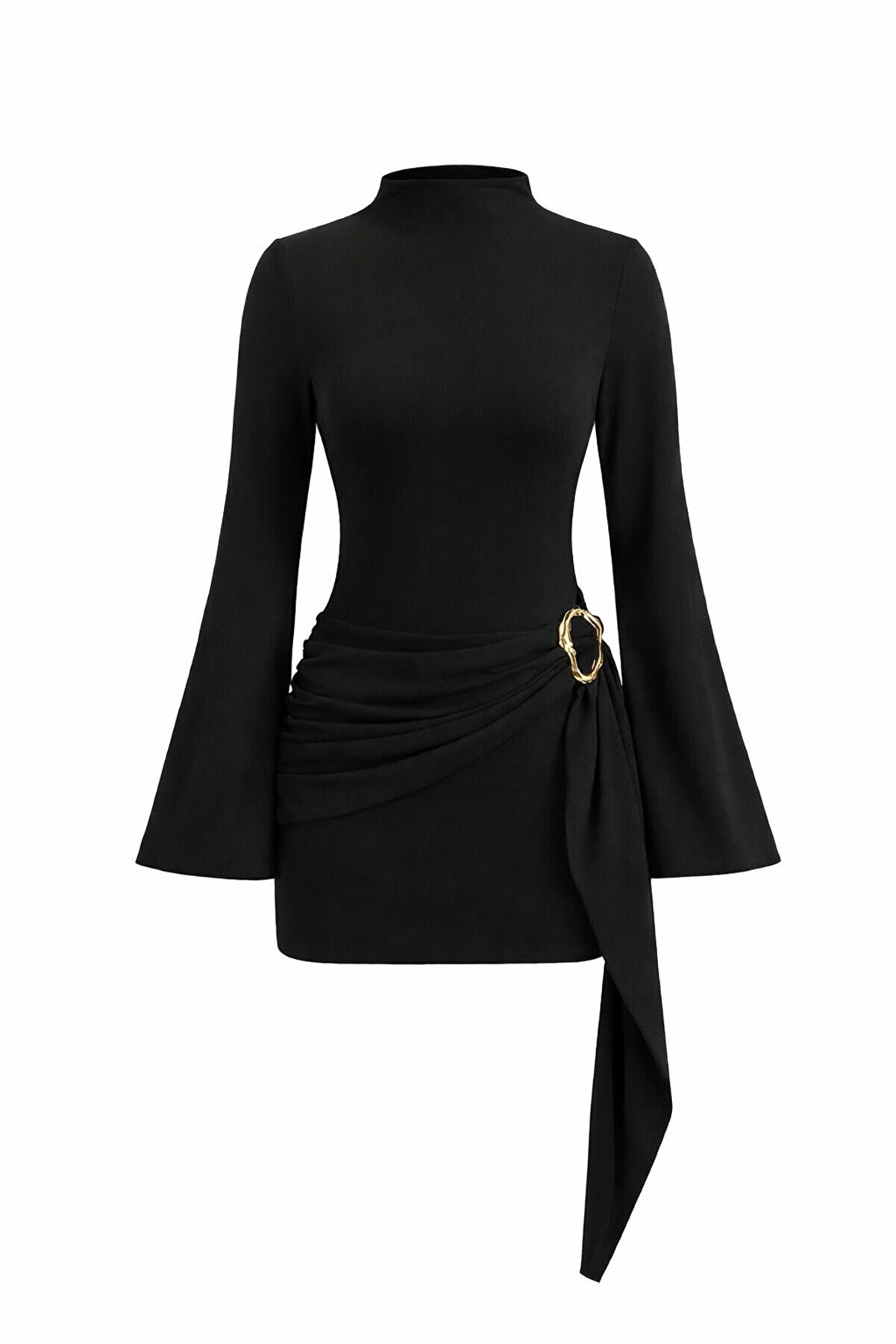 MYCPARL Siyah Kadın Dik Yaka Toka Detaylı Kuşaklı Toparlayıcı Kalıp Mini Elbise