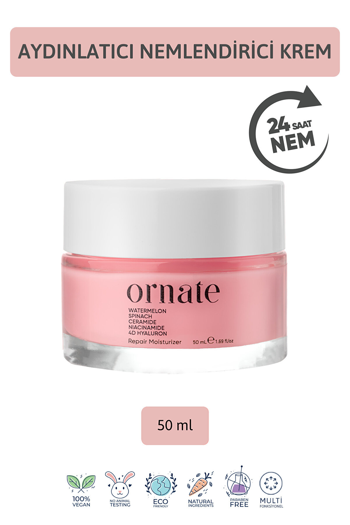 ORNATE Su Bazlı Nemlendirici Yüz Kremi 50 ml | Hyaluronik Asit ve Ceramide