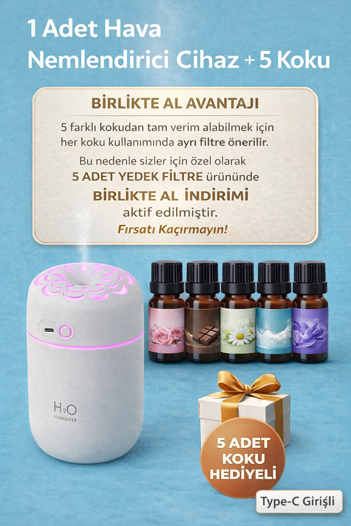 Genel Markalar Ultrasonik Hava Nemlendirici ve Aroma Difüzörü 5 Koku Hediyeli