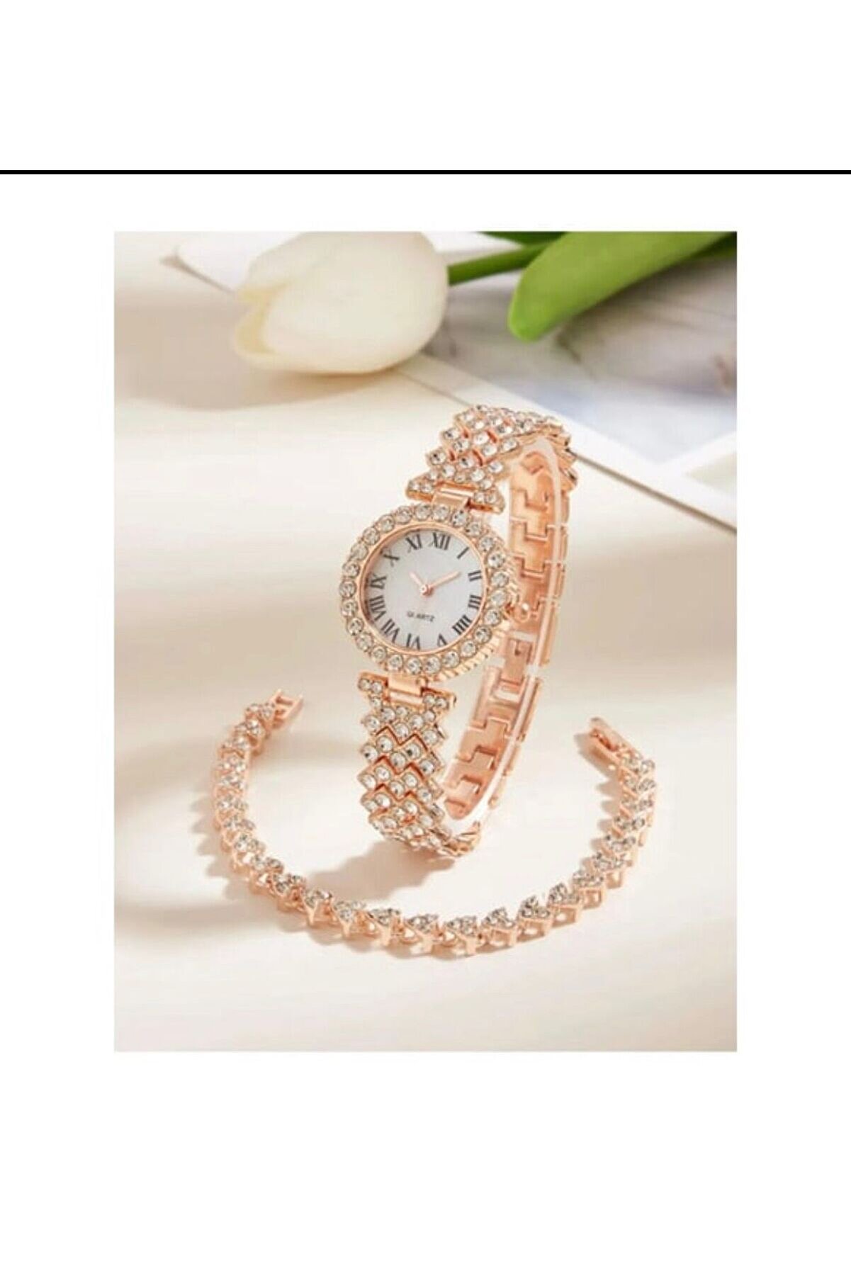 Zerzembe Şık 2'Li Kuvars Kadın Saati & Işıltılı Taşlı Bileklik Seti