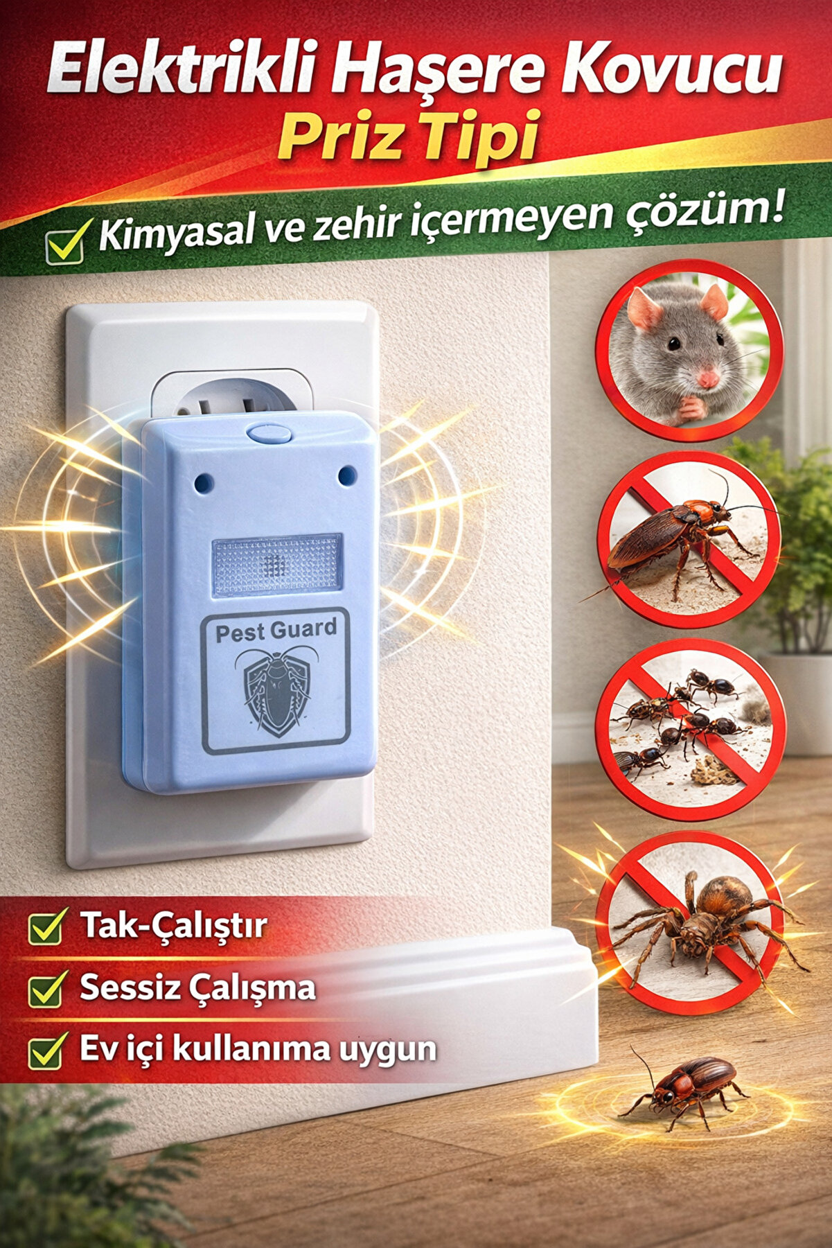 MİNGODAN Haşere Fare Sinek Böcek Kovucu Ultrasonik Cihaz Elektirikli Prize Takılır Kaçırıcı Haşere Anti Savar