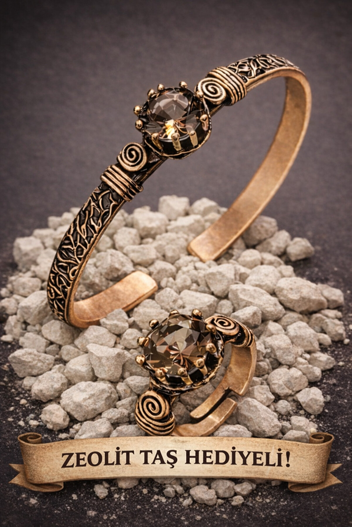 İyyaKee Women's Copper Bracelet & Ring Set with Zultanite Stones