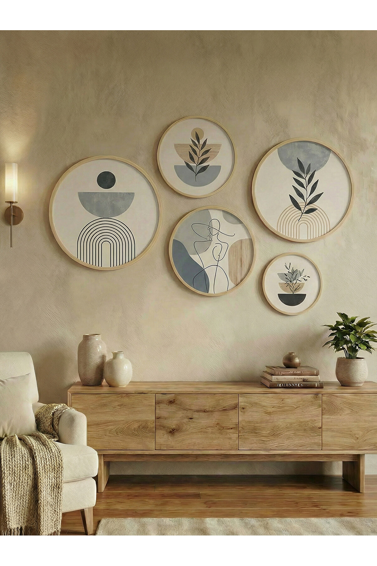 huhuli 5 Parça Doğal Ahşap Çerçeveli MDF Tablo Seti - Bohem İskandinav Salon Ofis Duvar Dekoru