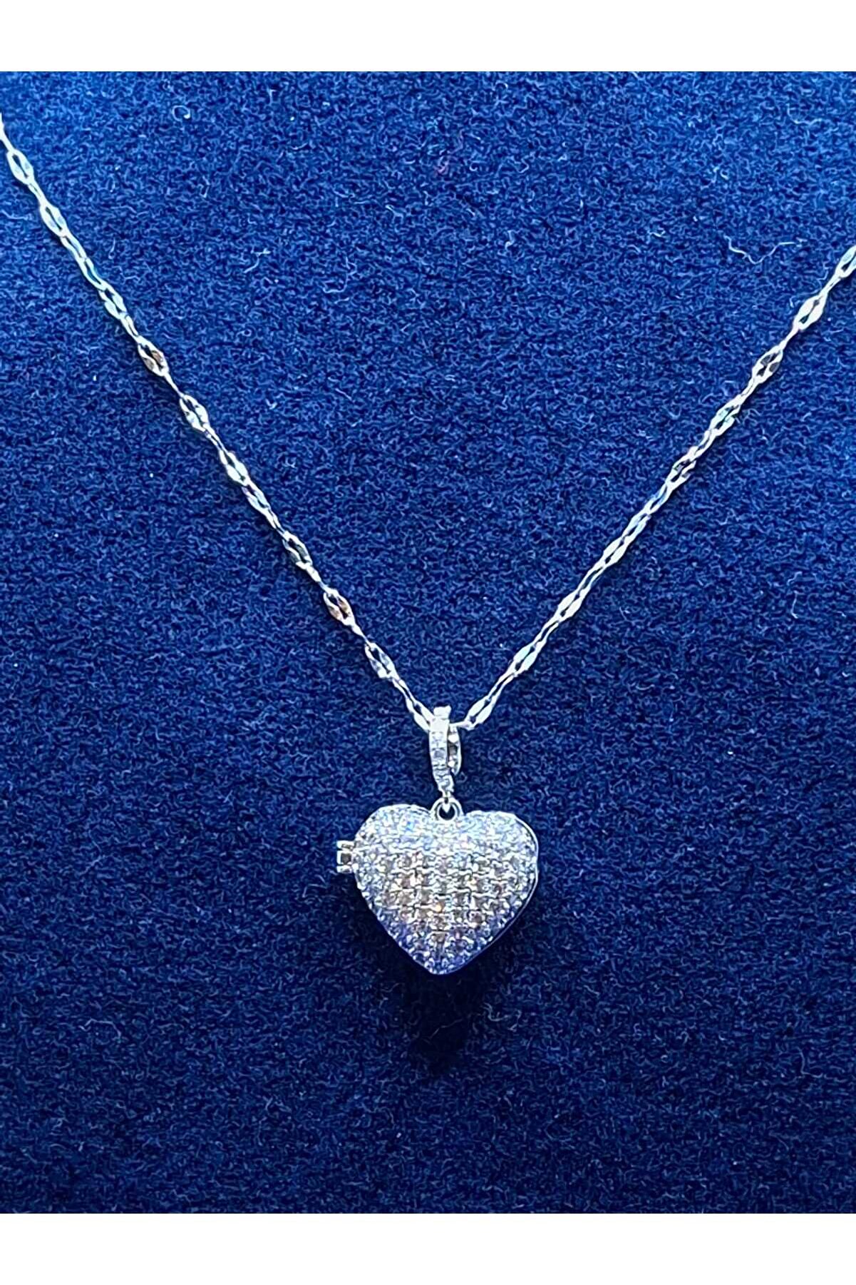 luveay jewelry Gümüş Kaplama Fotoğraf Konulabilir Kalp Kolye Kristal Taşlı Açılır Madalyon Kadın Aşk Kolyesi