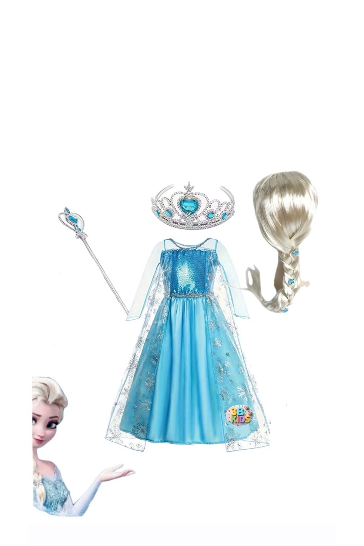 BATALLI Karlar Ülkesi Peruklu Elsa Elbise Kostüm Takımı (VİDEOLU) - Çocuk Kostümleri