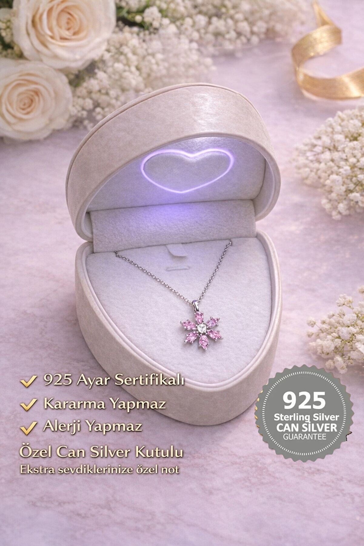 CAN SİLVER 925 Ayar Gümüş Pembe Zirkon Taşlı Manolya Çiçeği Kolye - 14 Şubat Sevgililer Gününe Özel