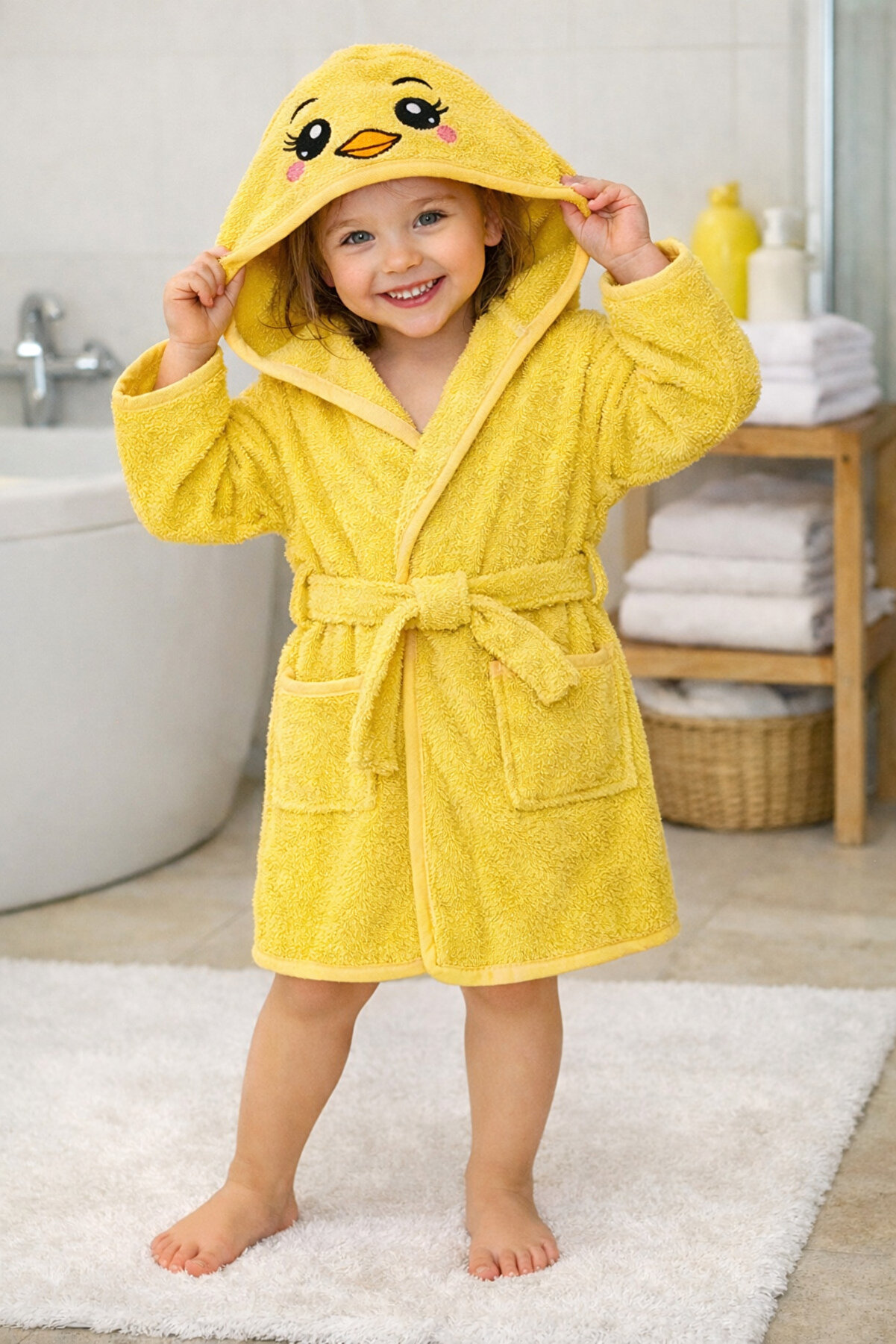 DM Kapşonlu Çocuk Bornozu - Ördek Desenli - Kız Erkek Çocuk Bornozu