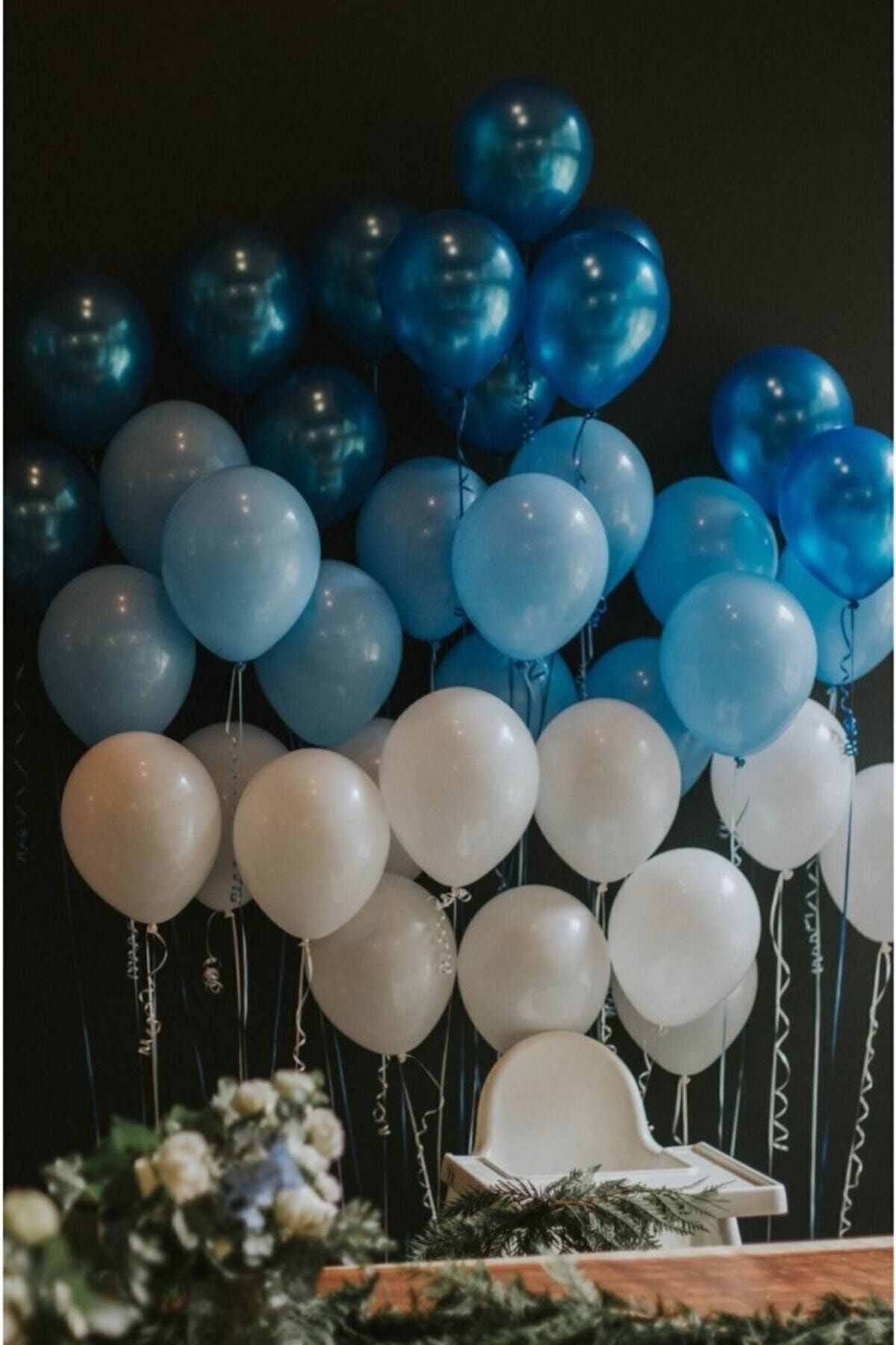 BAL10 DÜNYASI 100 Adet Mavi-beyaz-lacivert Metalik Balon Ve Balon Zinciri Konsept Balon Parti Süslemeleri