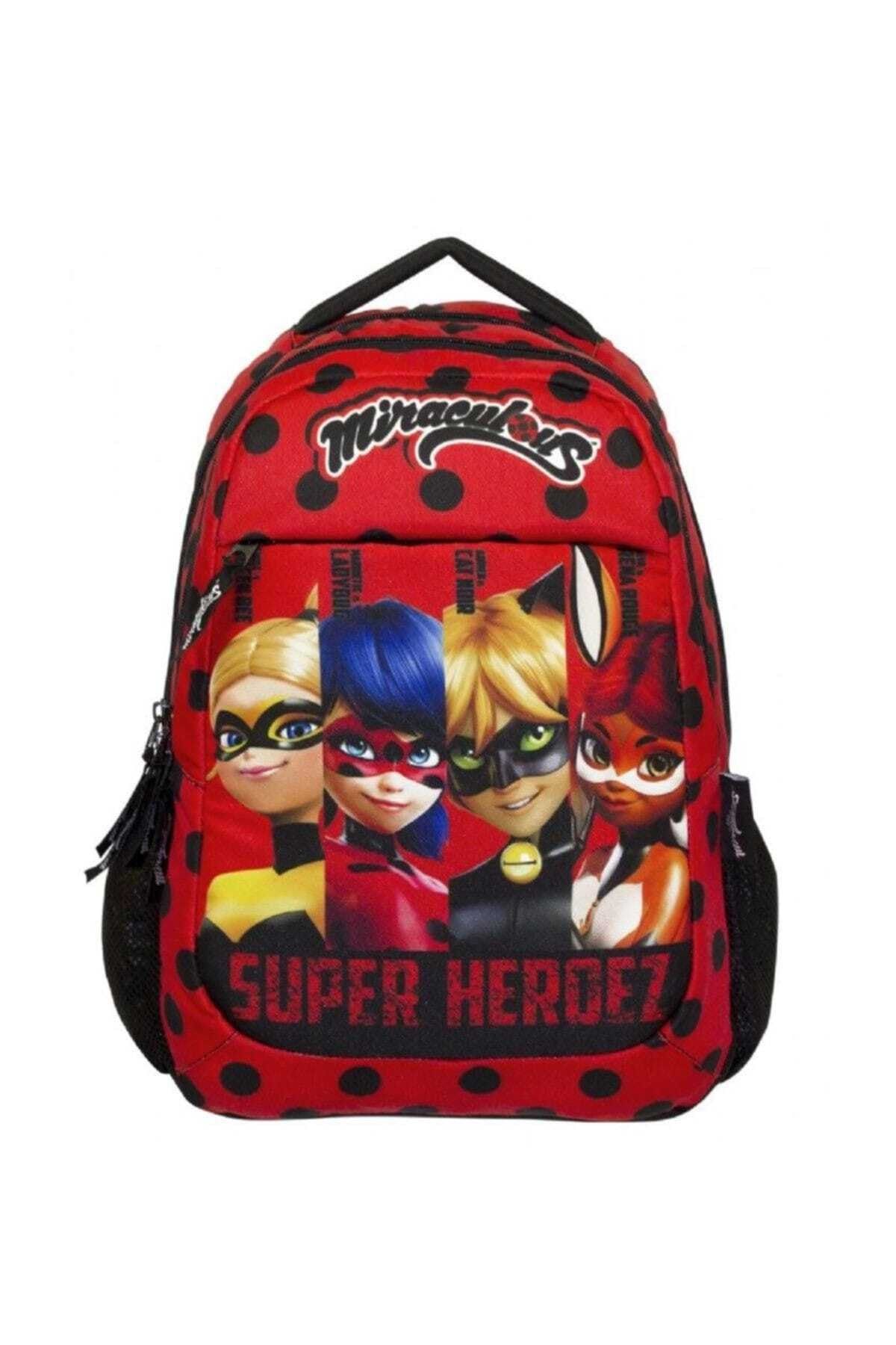 Miraculous Ladybug Süper Heroes Kırmızı Üç Bölme İlkokul Çanta - Kız Çocuk