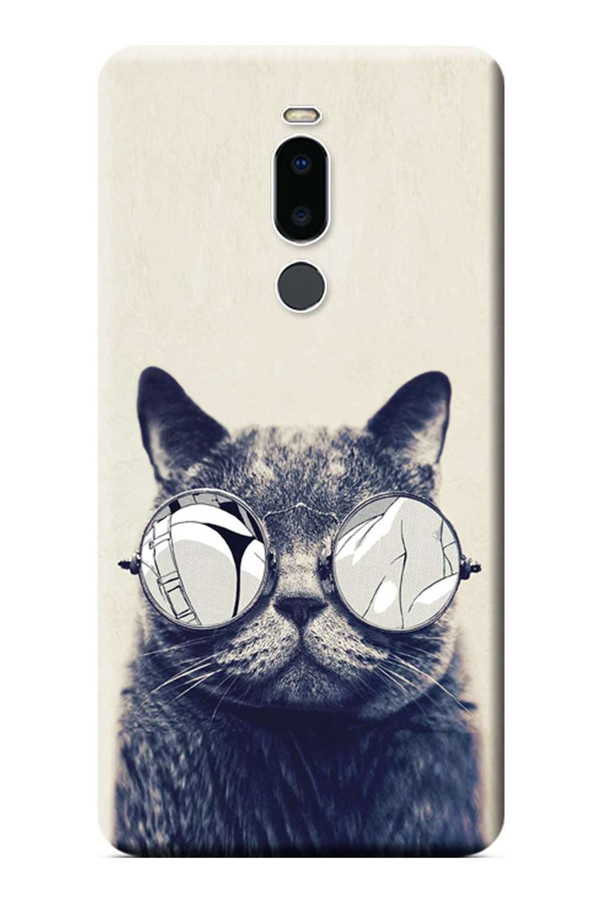 Meizu Note 8 Uyumlu Kılıf Baskılı Silikon Kapak Gözlüklü Kedi Stk:236