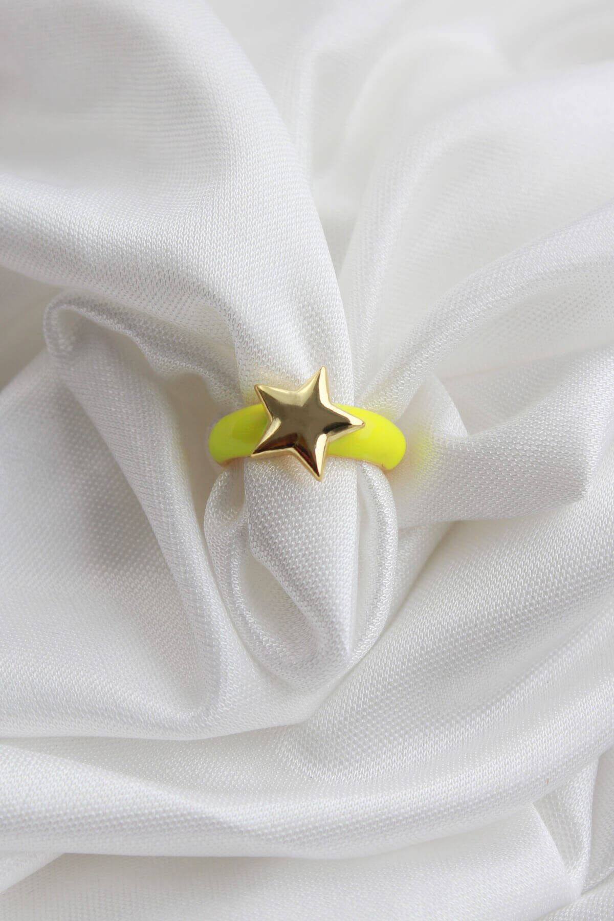 Niki Aksesuar Kadın Neon Sarı Ayarlanabilir Gold Yıldız Yüzük