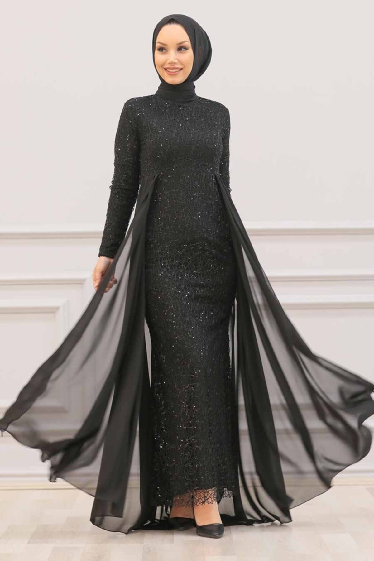 Nayla Collectıon Nayla Collection - Pullu Siyah Tesettür Abiye Elbise 90000s