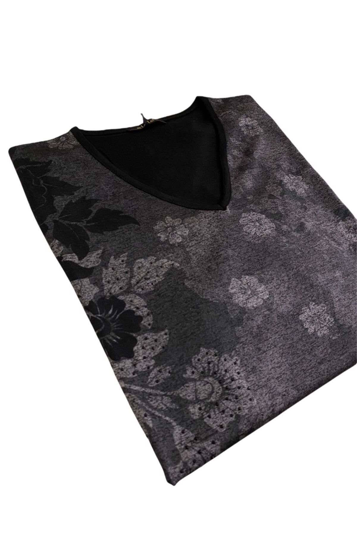 Elele Kadın Siyah Yaprak Desen V Yaka Penye Bluz