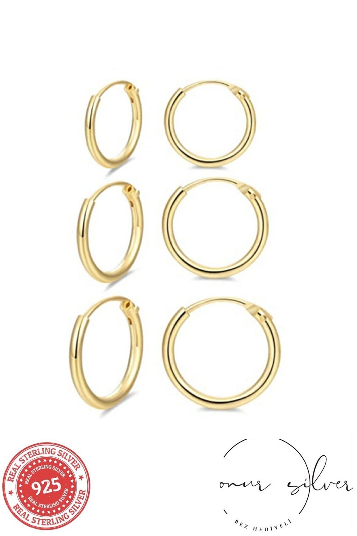 Onur Silver 925 Ayar Saf Gümüş Altın Gold Rengi Sarı Halka Küpe Seti 3'lü Hoop Earing 12-14-16 Mm