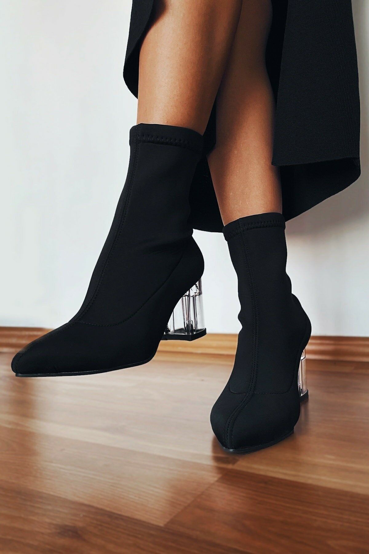 Brc Shoes Kadın Siyah Esnek Dalgıç Kumaşlı Çorap Çizme Bot Şeffaf Topuklu