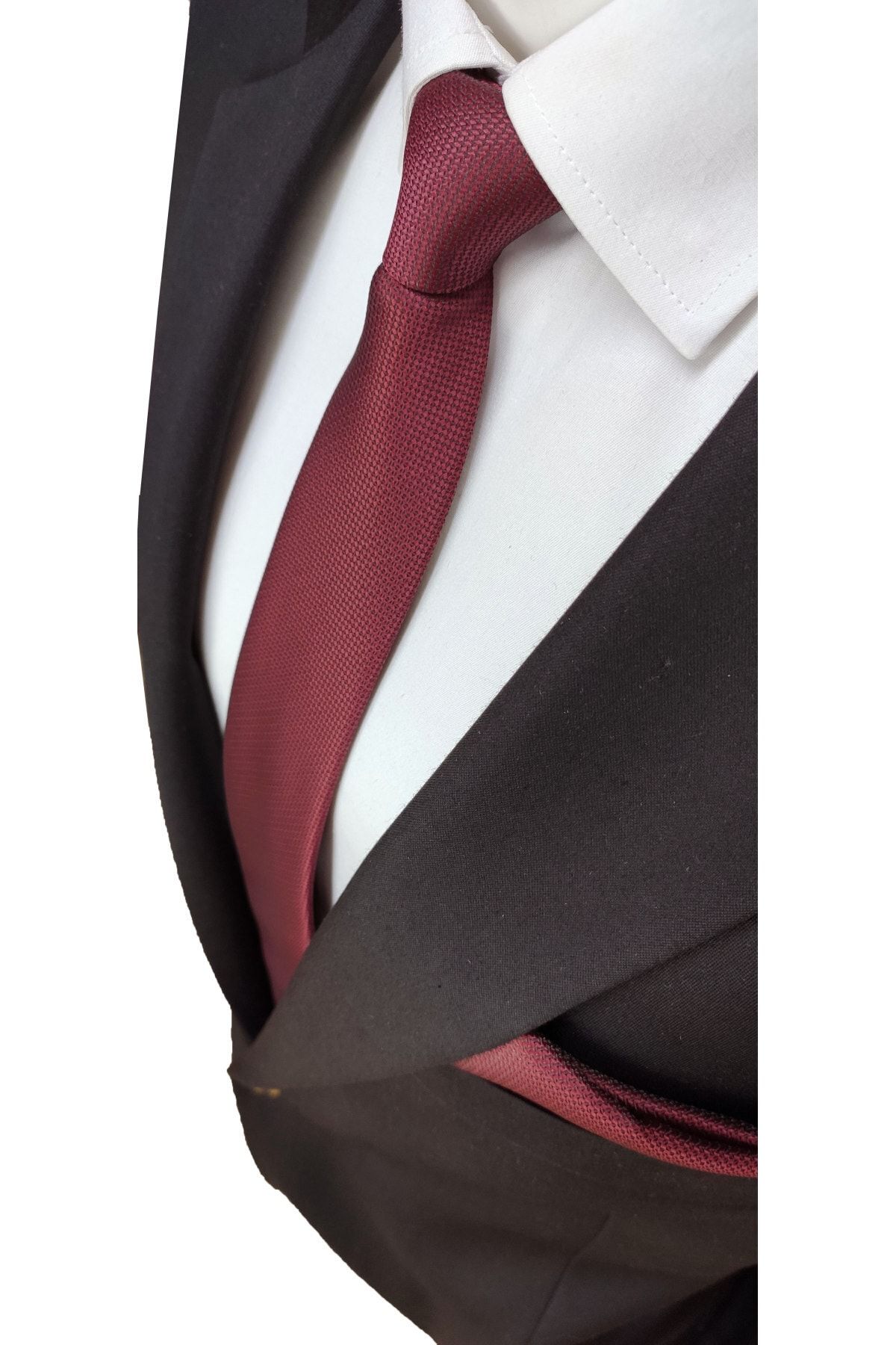 Elegante Cravatte Bordo Renk Armürlü Desen Kravat Ve Mendil Seti