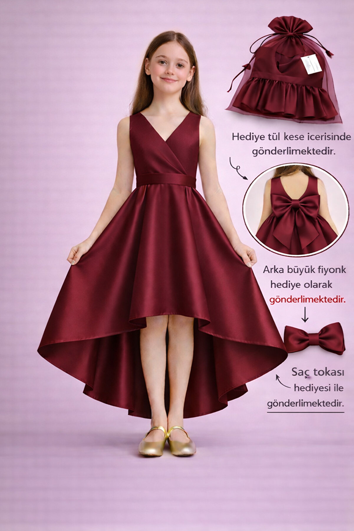 SUNEH Kız Çocuk Abiye Elbise – Kruvaze Yaka Asimetrik Mezuniyet Elbisesi