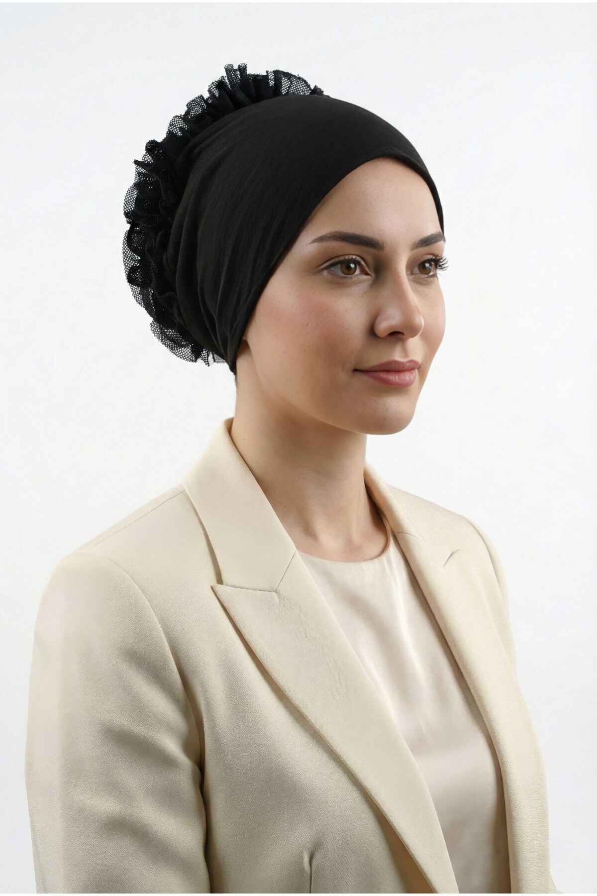 Jusmart Siyah Pamuklu Fırfırlı Bone - Kaymayan Dikişsiz Topuz Bonesi