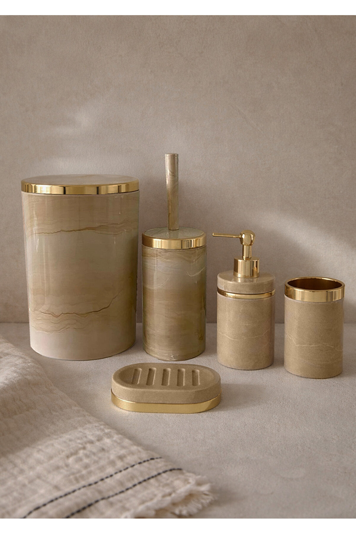 TrendBanyoMutfak 5 Parça Mermer Desen Krem Banyo Seti - Premium Banyo Aksesuarları