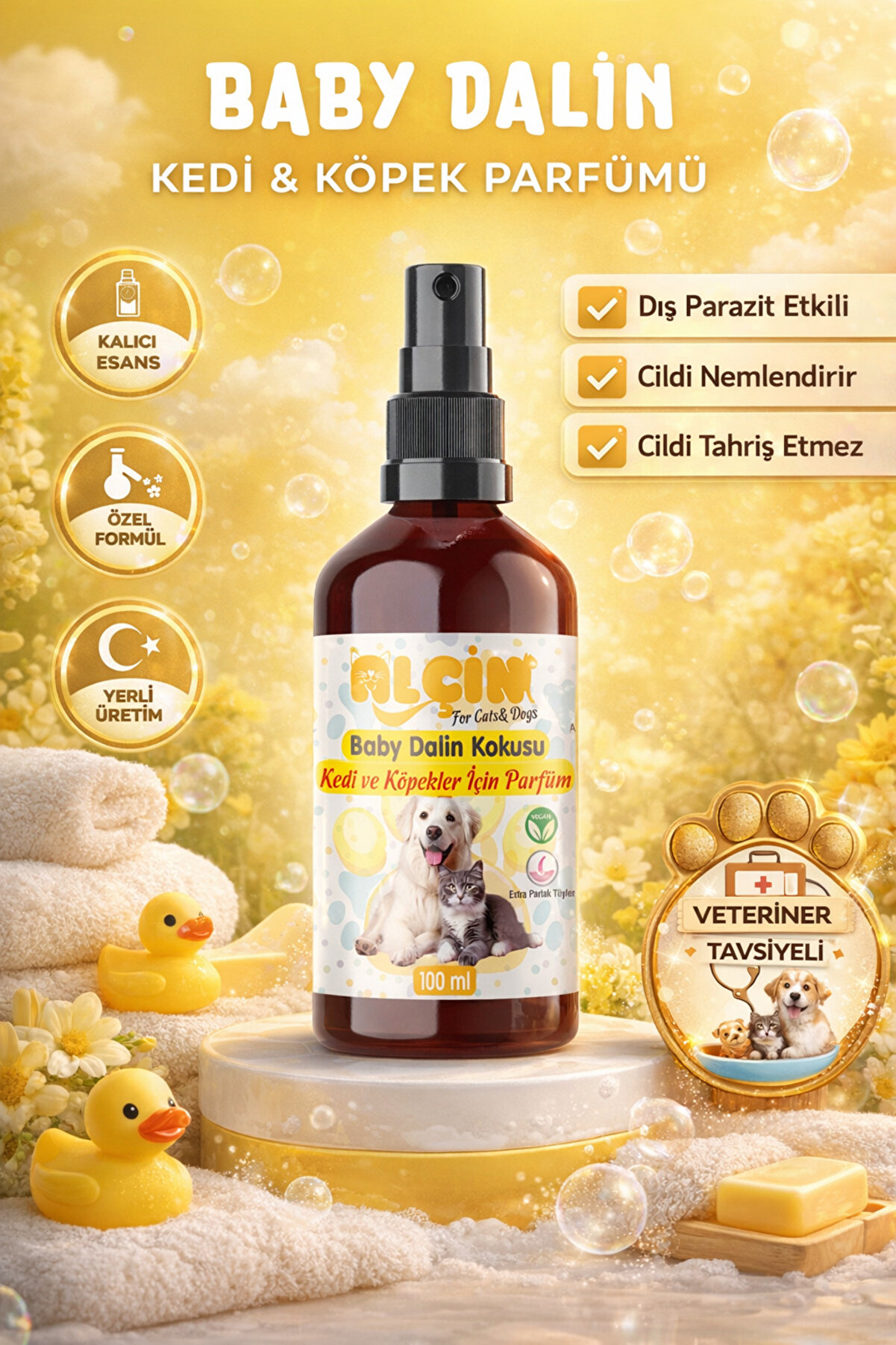 Alçın Kedi Ve Köpek Parfümü Parazit Karşıtı Baby Dalin Kokulu 100 Ml. Cam Şişe
