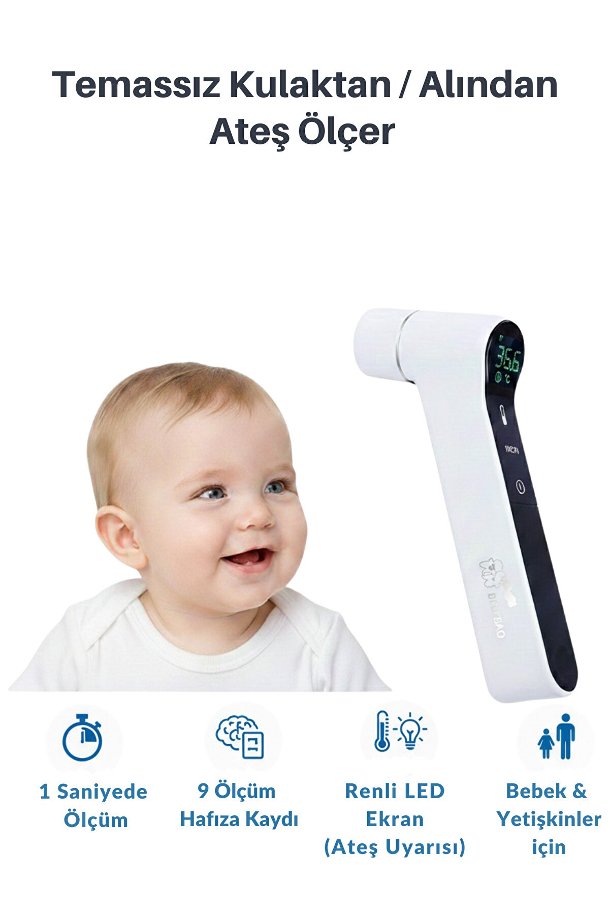 Bebebao ProTemp Medikal Dijital Ateş Ölçer – Kulaktan ve Alından Ölçüm, Temassız Infrared