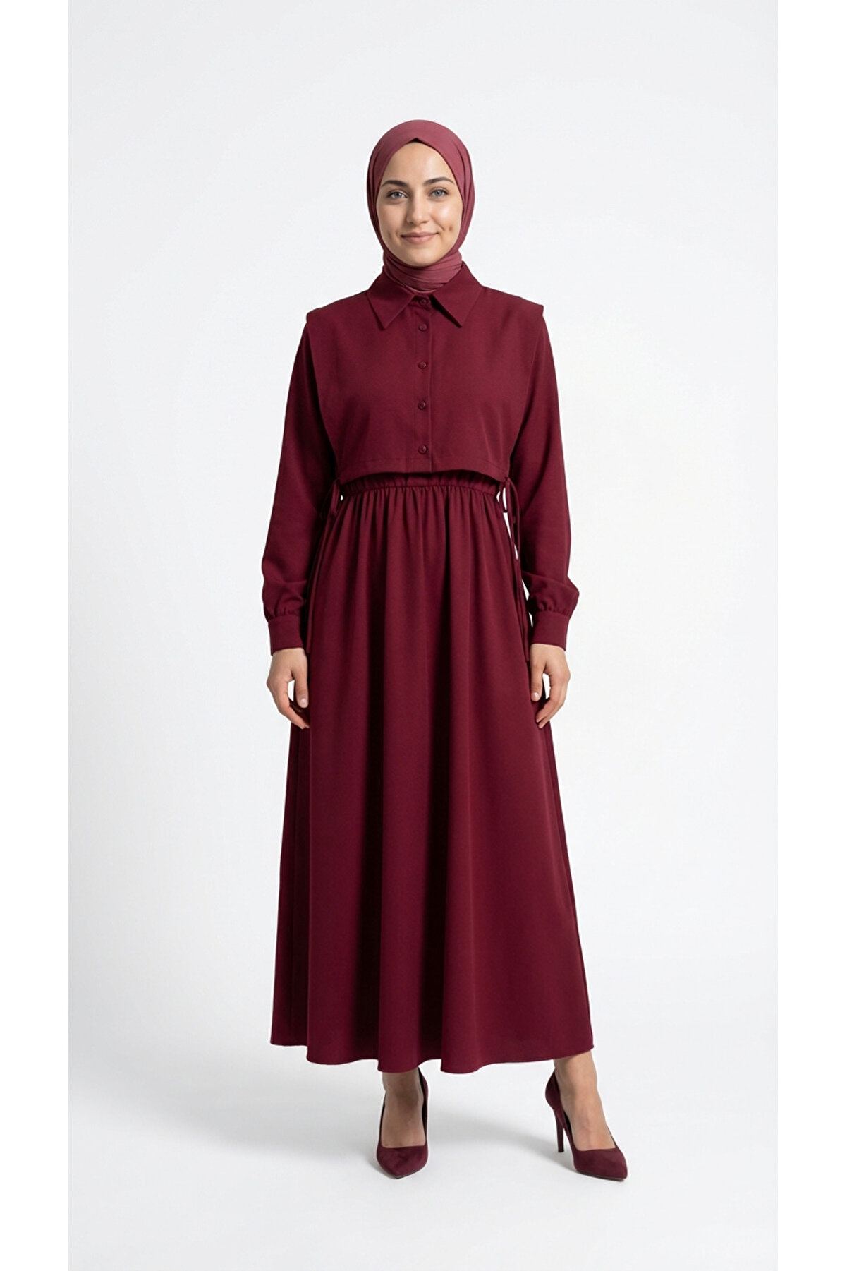 MİHRA STORE Kadın Tesettür Bolerolu Elbise -liyan Beli Lastikli Yelekli Dabıl Elbise - Bordo
