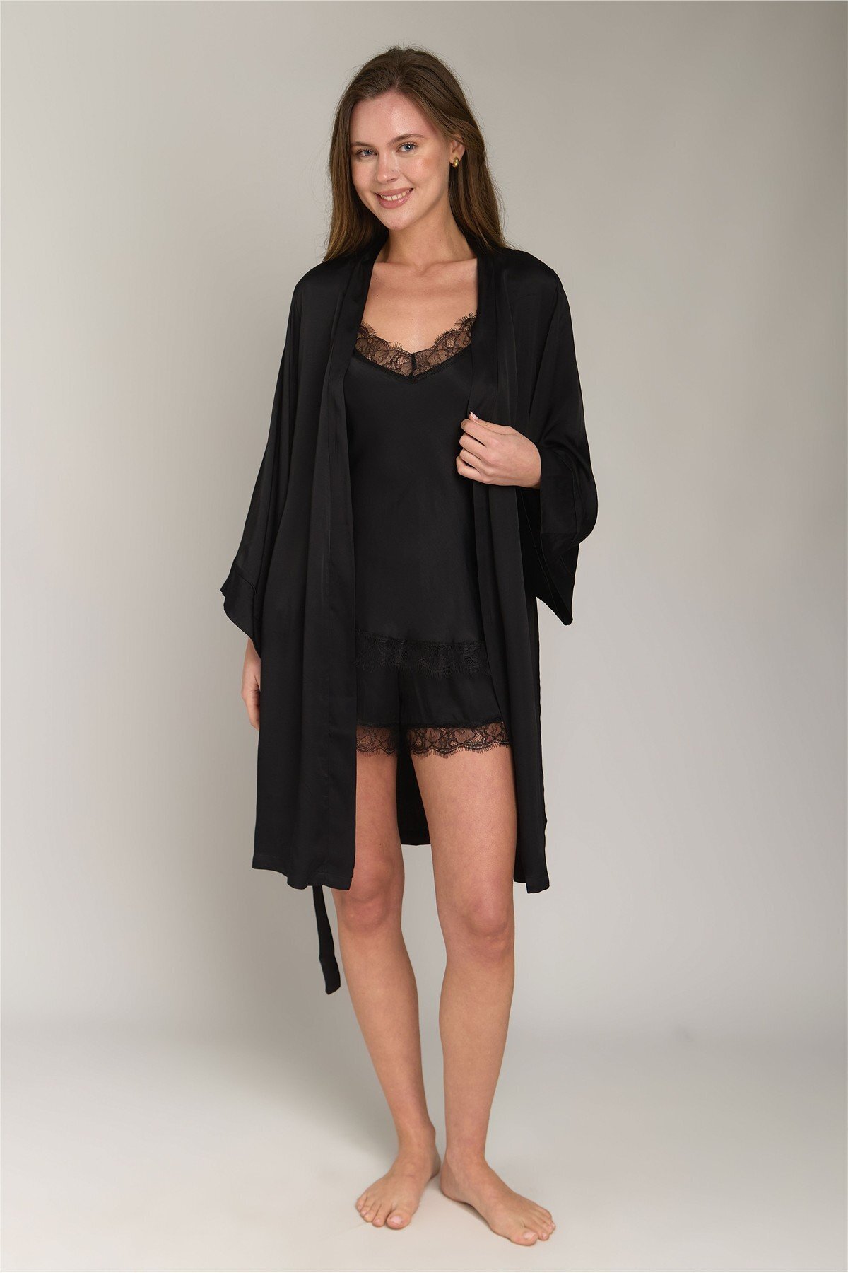 LOVELY THINGS Geraldine Saten Kısa Sabahlık - Siyah