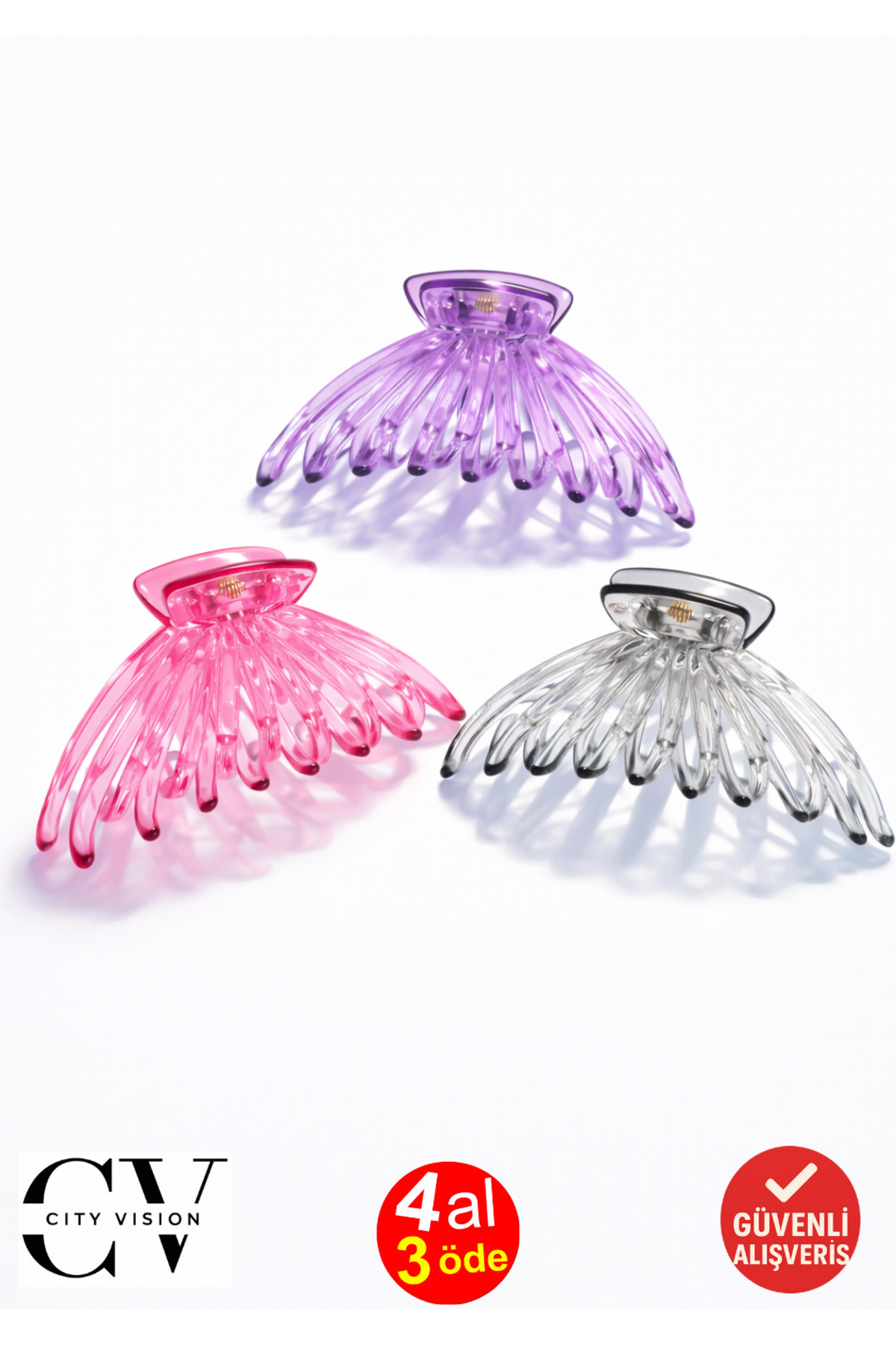 Cityvision 3 Adet Pençe Model Mandal Saç Tokası - Pembe Mor Gri 12 cm