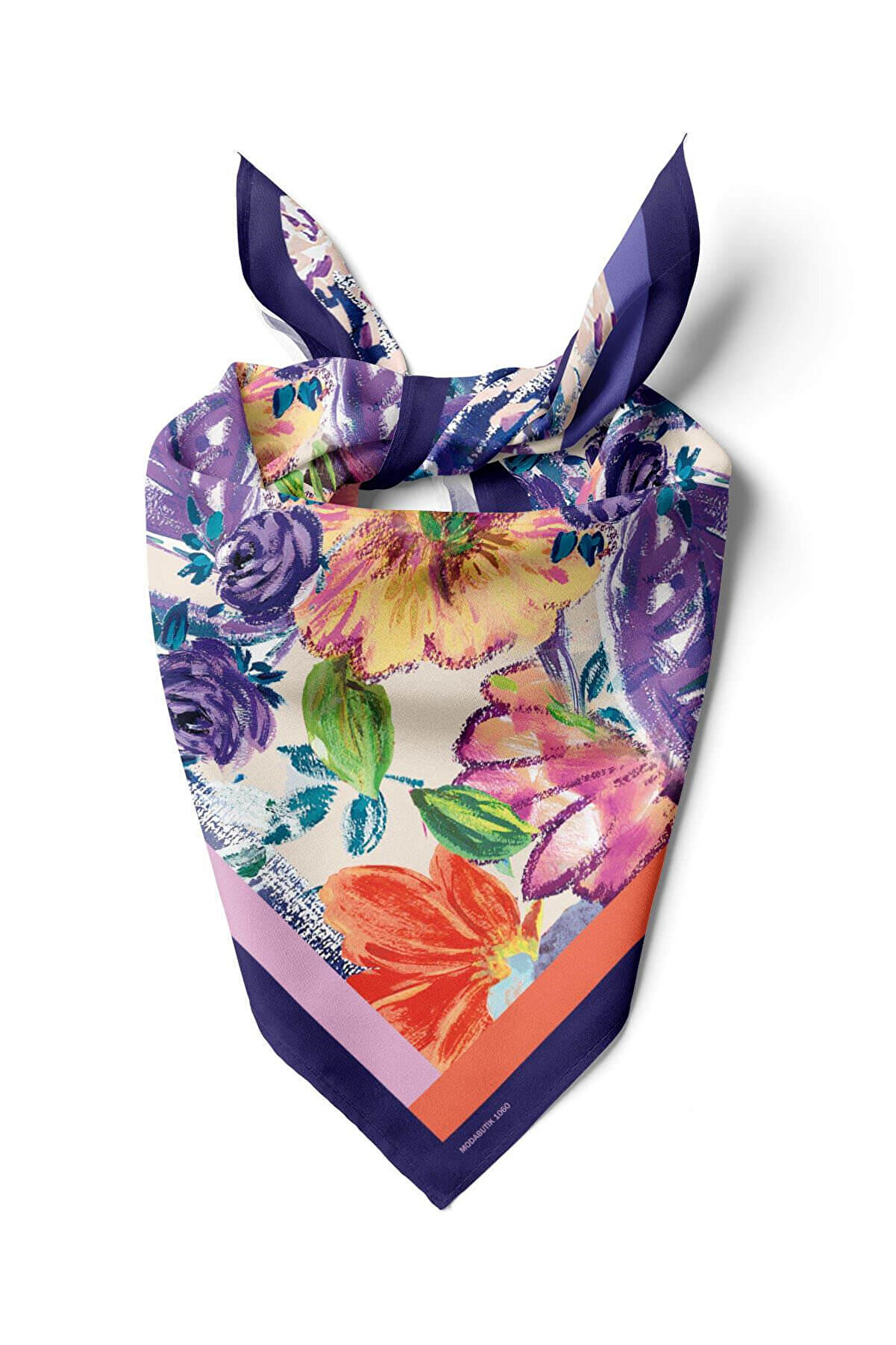 Modabutik Kadın Lila Turuncu Blatt Desenli 50x50 Bandana - Elegant ve Stille Çıkın