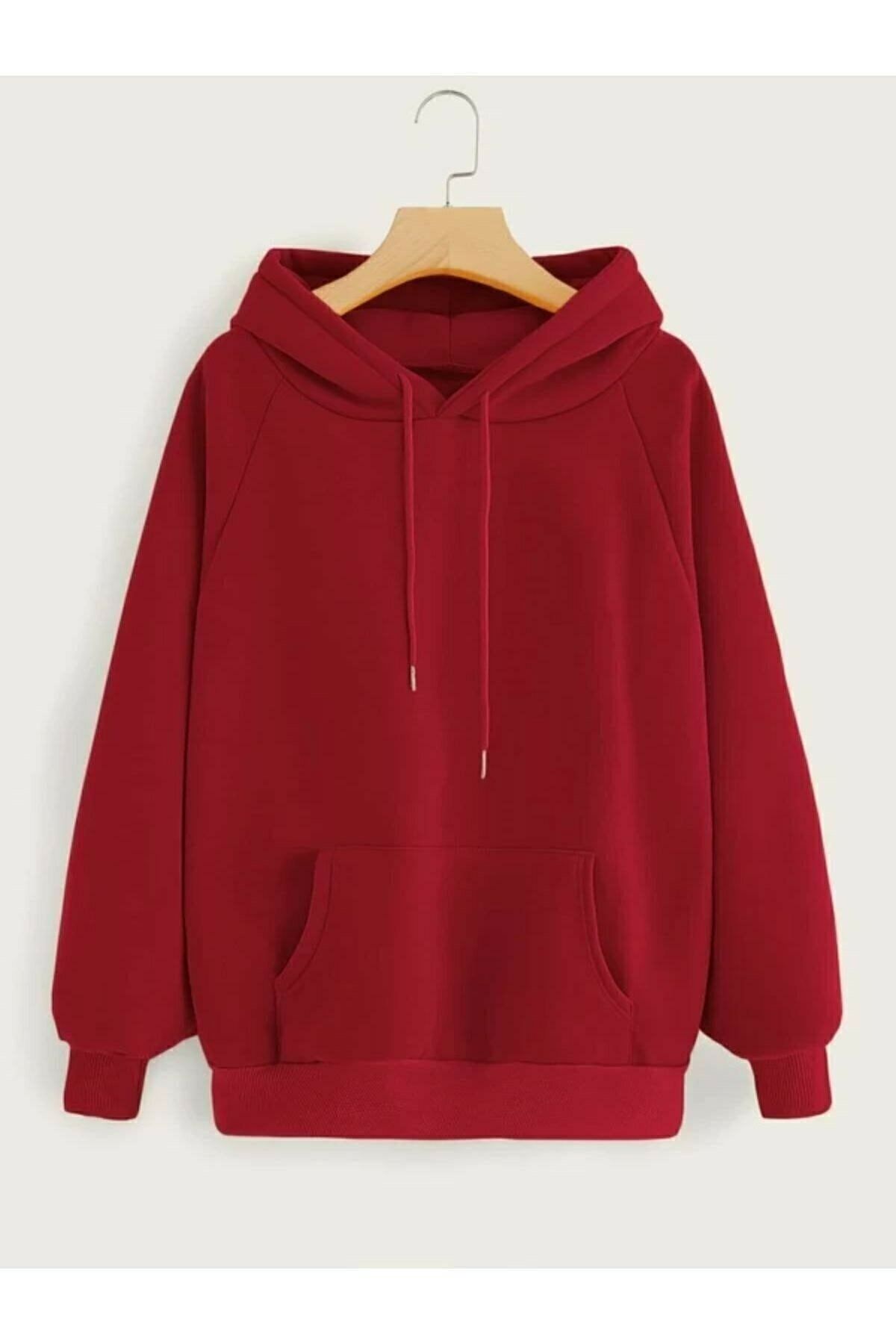 Genel Markalar Unisex Düz Kırmızı Kapüşonlu Sweatshirt Be3105