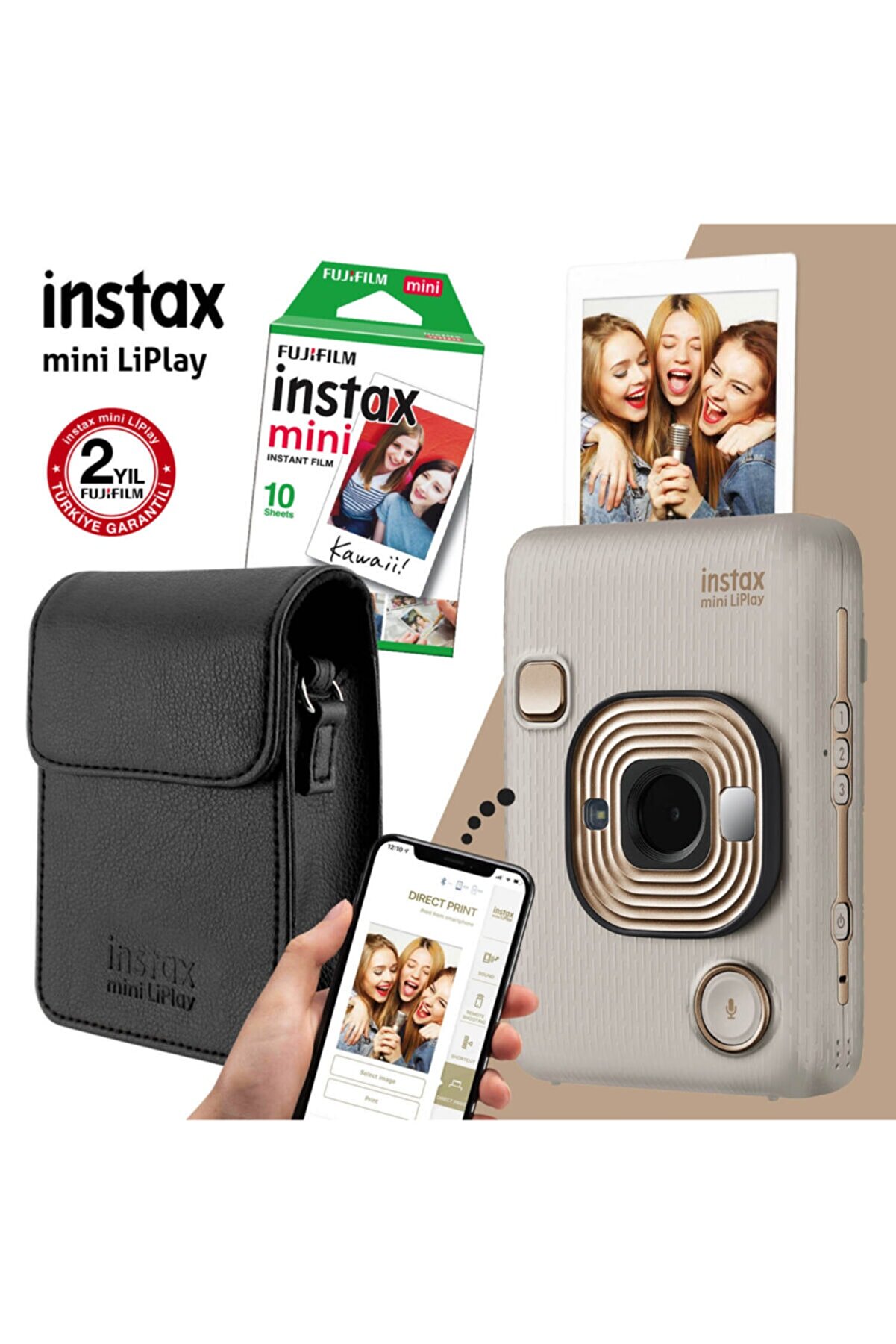 Instax Mini Liplay Hybrid Beige Gold Fotoğraf Makinesi Çantalı Hediye Seti 3