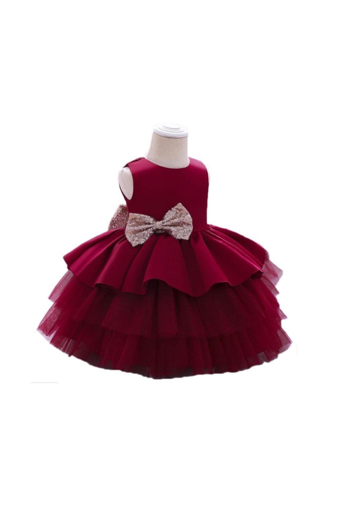 Mashotrend Kırmızı Kat Kat Tüllü Kurdelalı Elbise - Kat Kat Tül Elbise - Mini Elbise - Çocuk Elbisesi