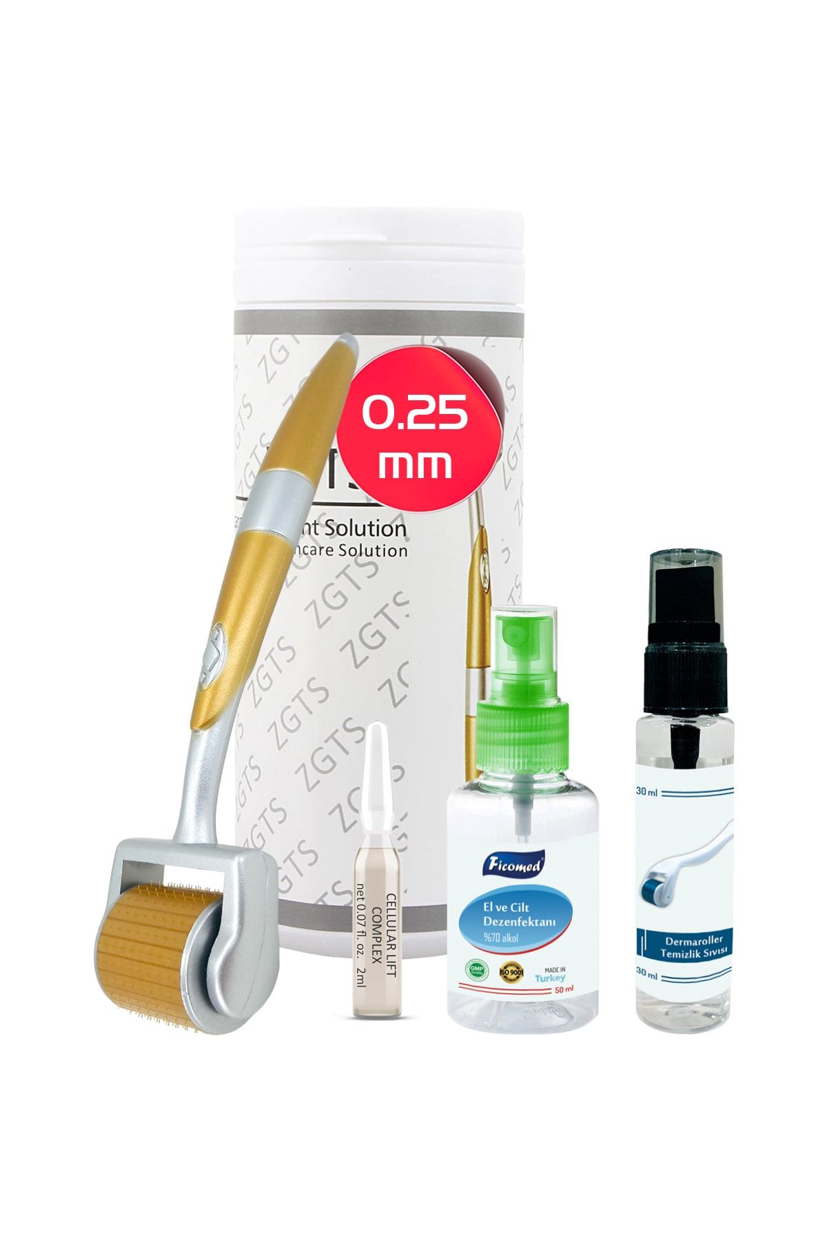Zgts Dermaroller 0.25mm Sıkılaştırıcı Ampul Dezenfektan Seti 192 Titanyum Derma Roller Saç Yüz Vücut