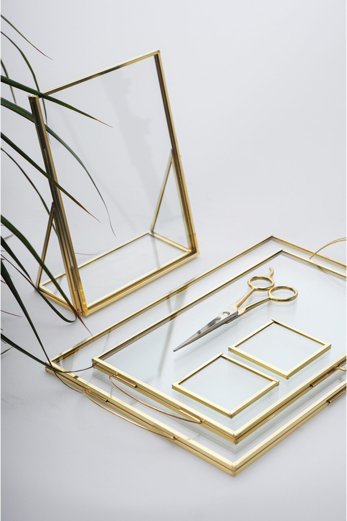 El Crea Designs Pirinç Gold Cam Söz Nişan Takımı Sunum Seti Tepsi Yüzük Kutusu Damat Kahvesi Makas Fotoğraf Çerçeve