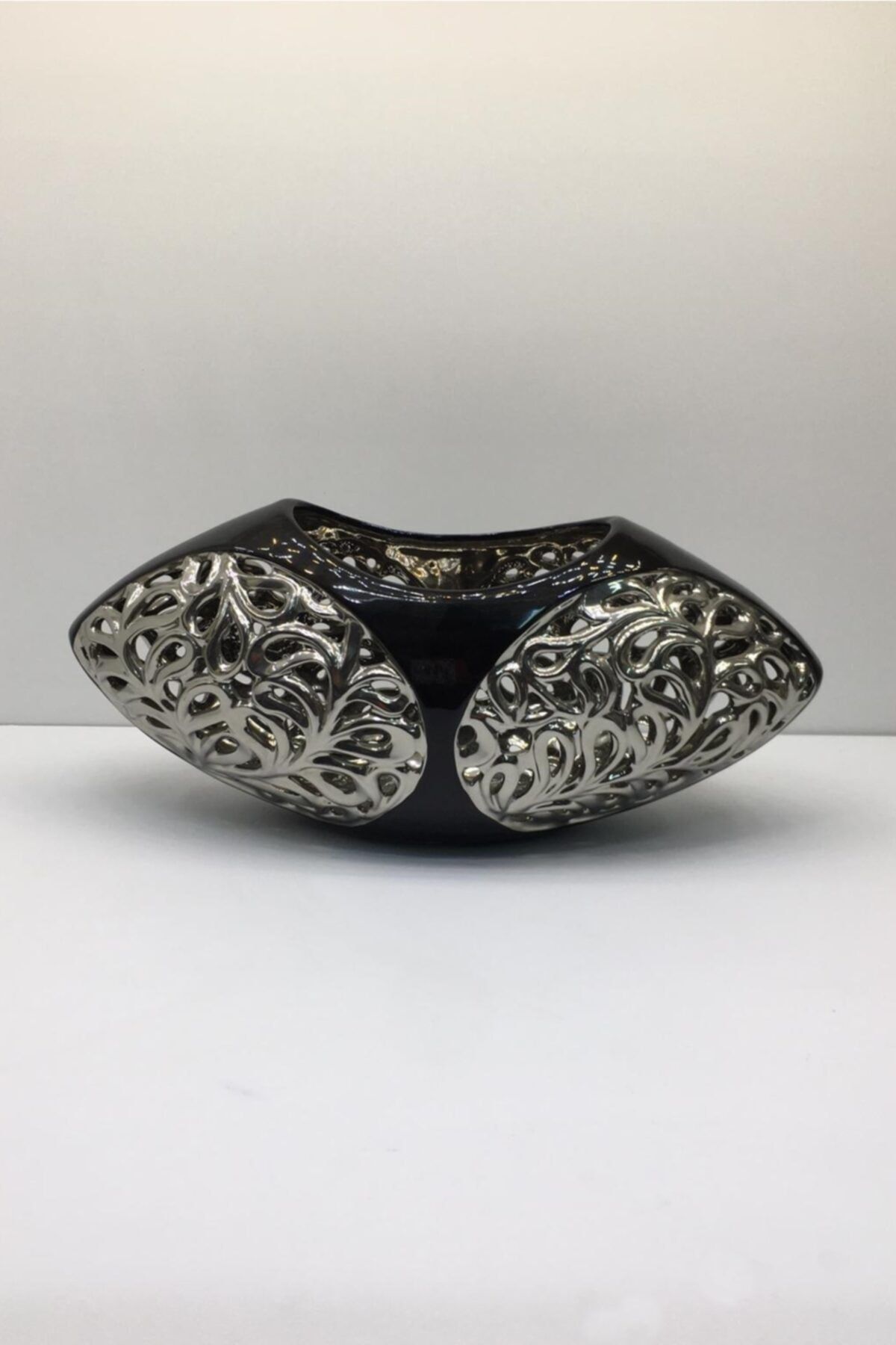 Otantik Dekoratif Porselen Obje Siyah Gümüş Vazo 15x37x11 Cm