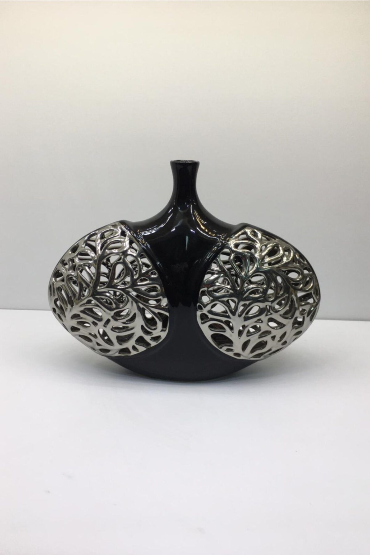 Otantik Dekoratif Porselen Obje Siyah Gümüş Vazo 29x30 Cm