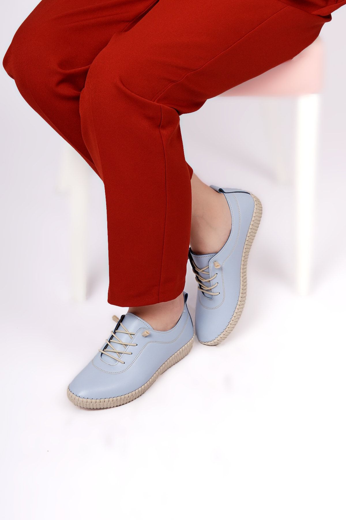 Hoba Kadın Mavi Ortopedik Lastik Bağcıklı İçi Deri Alçak Topuklu Günlük Rahat Ayakkabı
