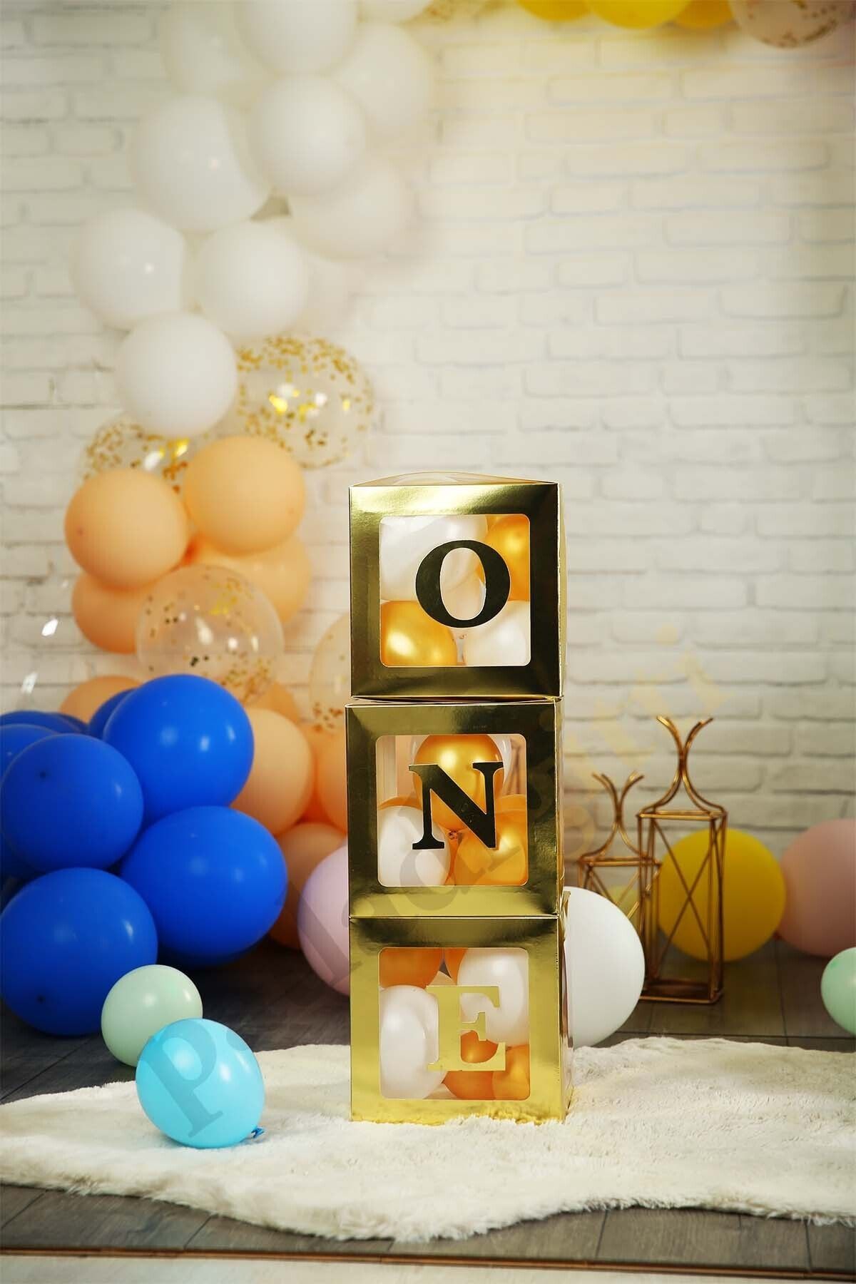 Patladı Gitti One Yazılı Gold Kutu Ve Balon Seti Bebek 1 Yaş Doğum Günü Kutlama