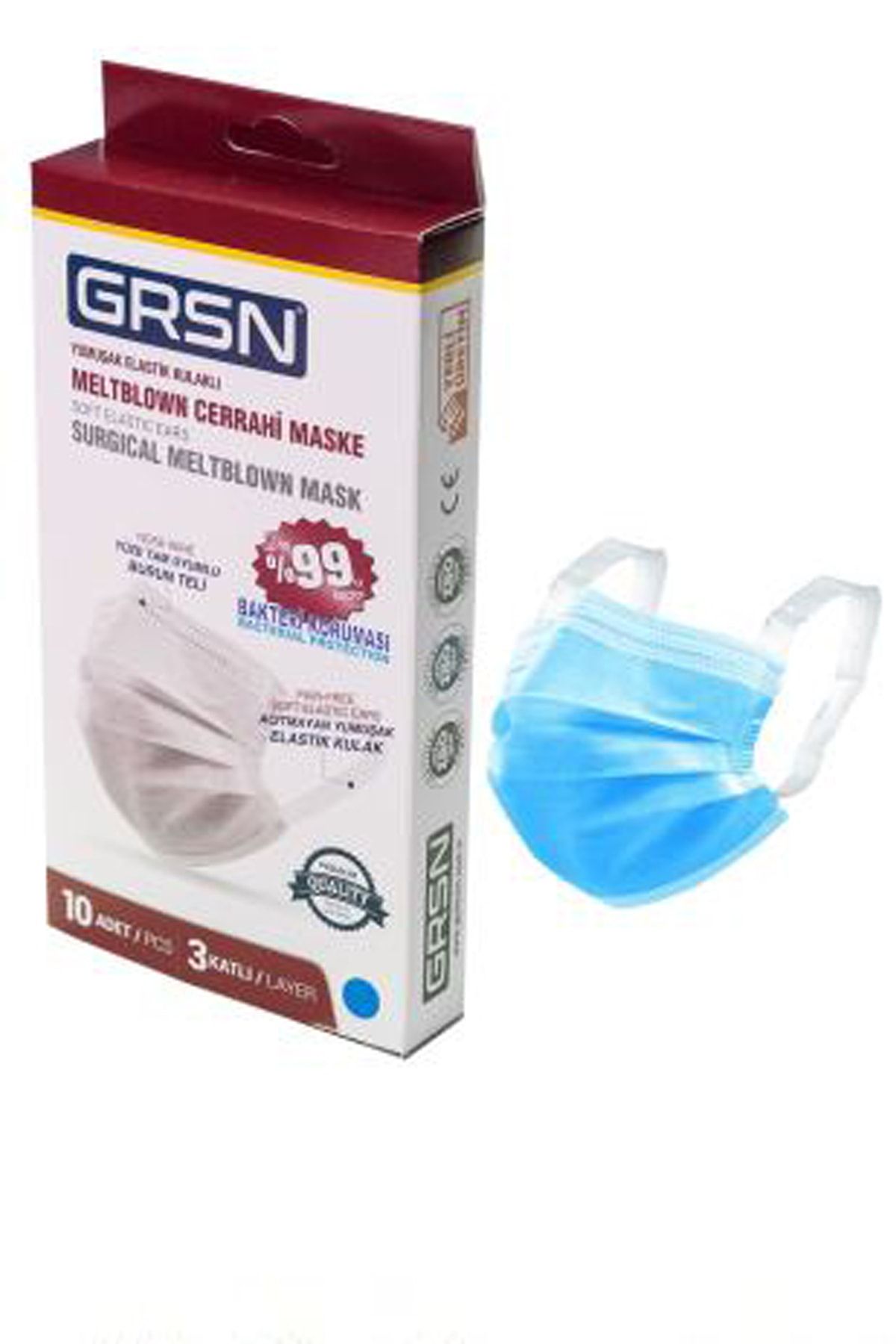 GRSN 50 Adet Mavi Meltblown Yumuşak Lastikli Yeni Nesil 10x5 Kutu Elastik 3 Katlı Yüz Maskesi