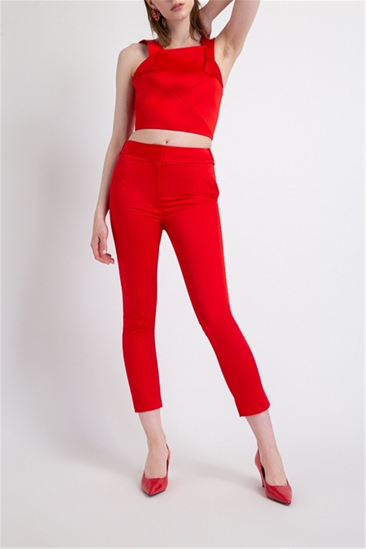 Rue Geometrik Kup Cep Detaylı Pantolon Kırmızı