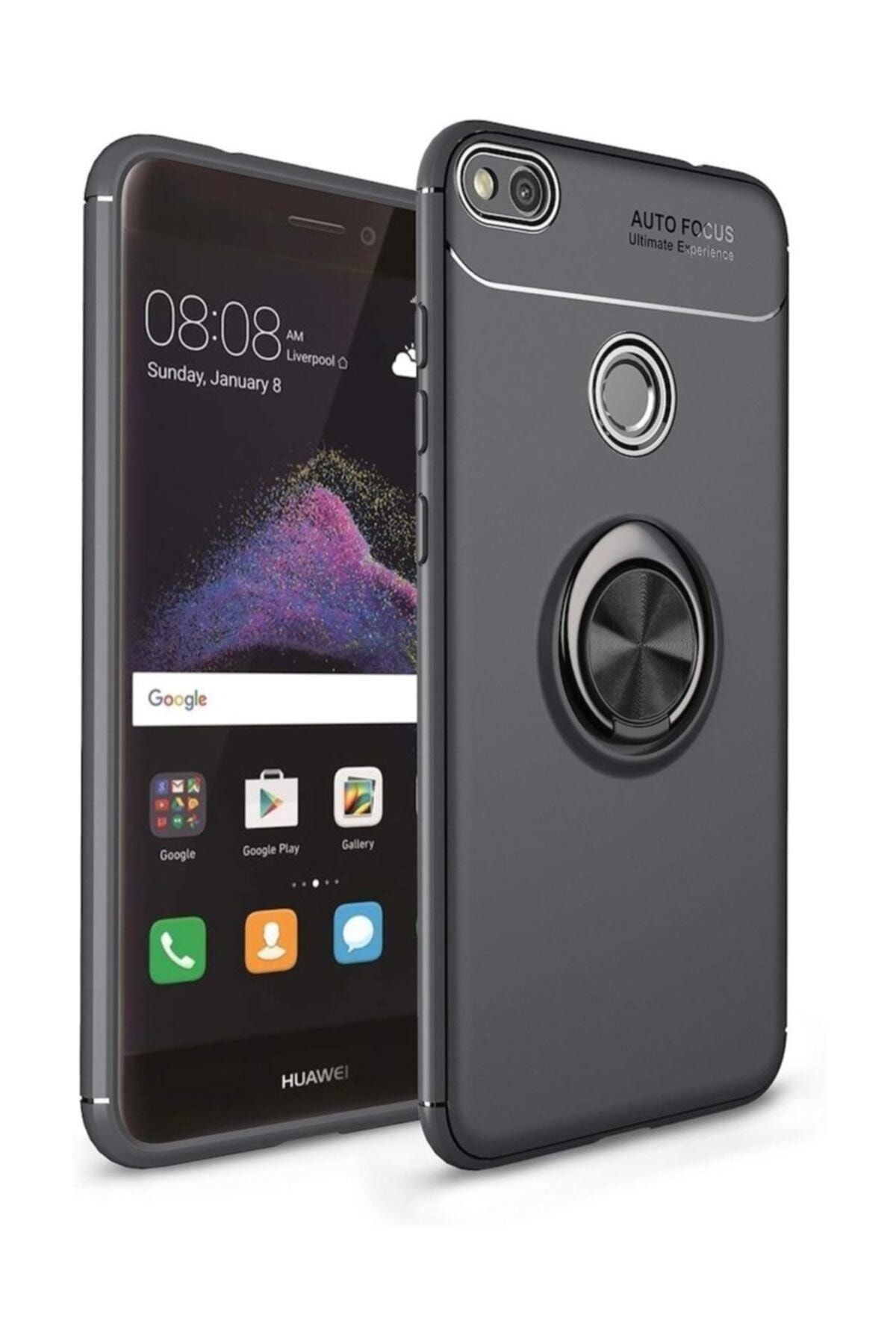 Huawei P9 Lite 2017 Kılıf Ravel Yüzüklü Standlı Kamera Korumalı Silikon Kapak Siyah