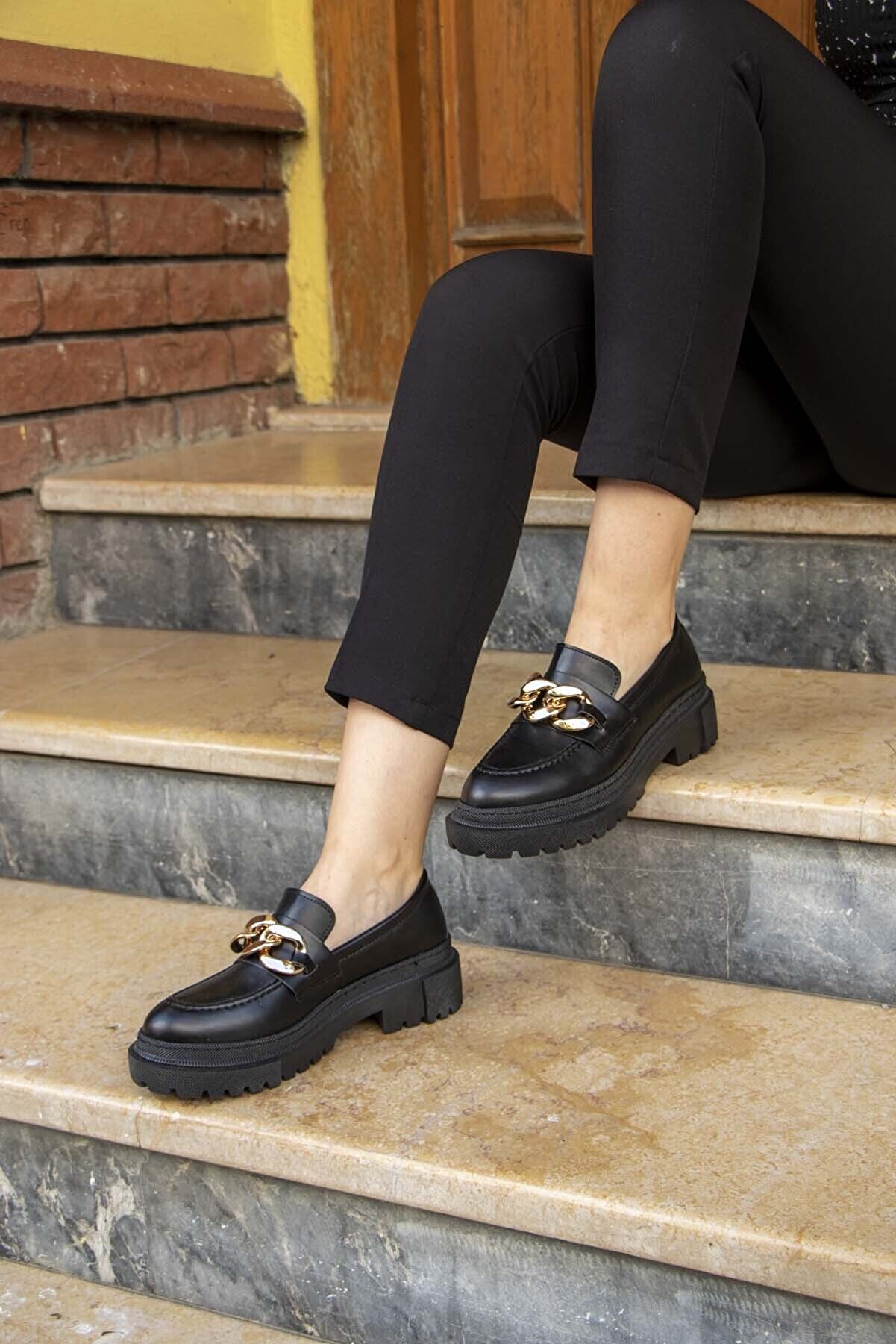 Wenti Shoes Zincirli Siyah Cilt Kalın Taban Loafer Ayakkabı
