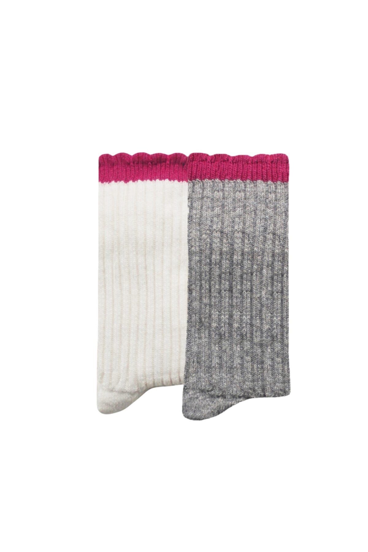 UNLIMITED LEGWEAR 2li Kalın Kışlık Yün Ve Kaşmir Karışımlı Bileği Dilimli Kadın Çorap Gri/krem