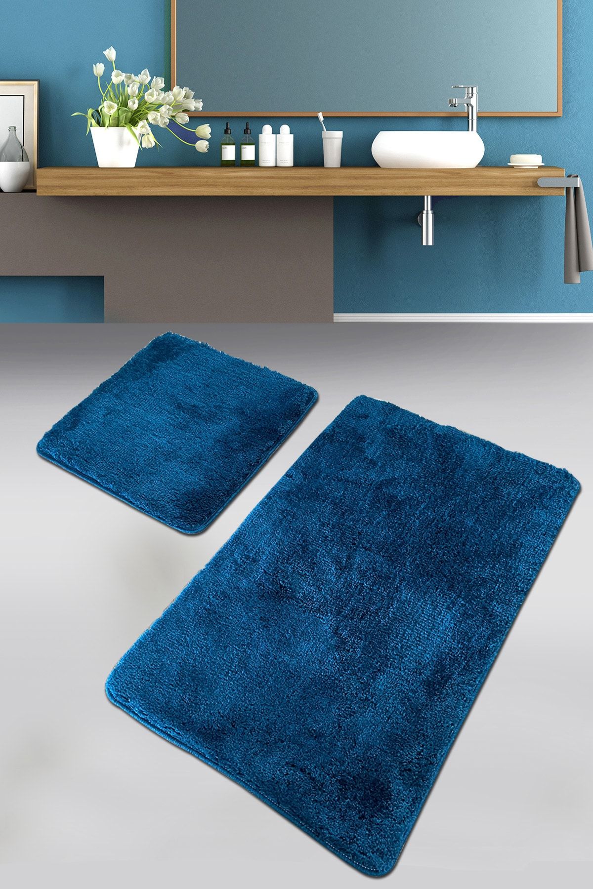 Chilai Home Pasific Dark Blue 2 Li Set Banyo Halısı Paspas Yıkanabilir