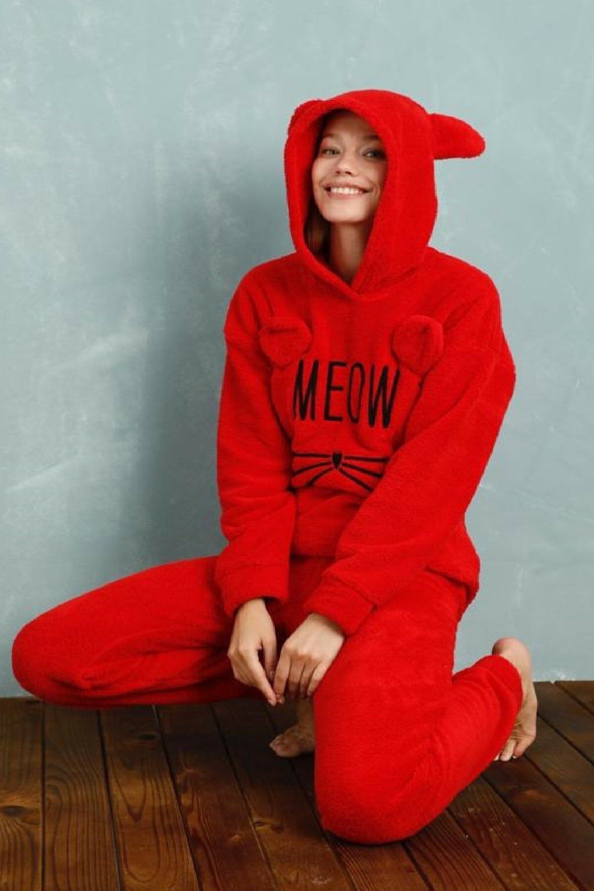 Meba Welsoft Meow Işlemeli Kapüşonlu Kırmızı Polar Pijama Takımı Yeni Yıl Yılbaşı Hediyesi 4130-3