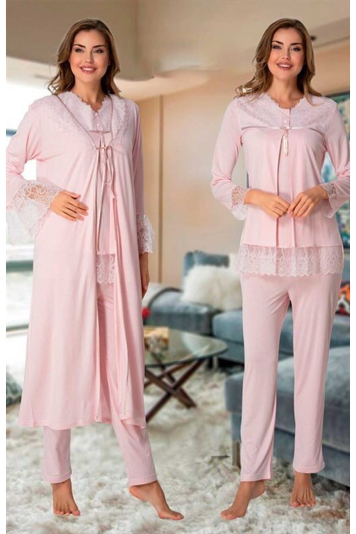Effort Pijama Freya Effort Lohusa Hamile Sabahlıklı Pijama Takımı 3'lü Set