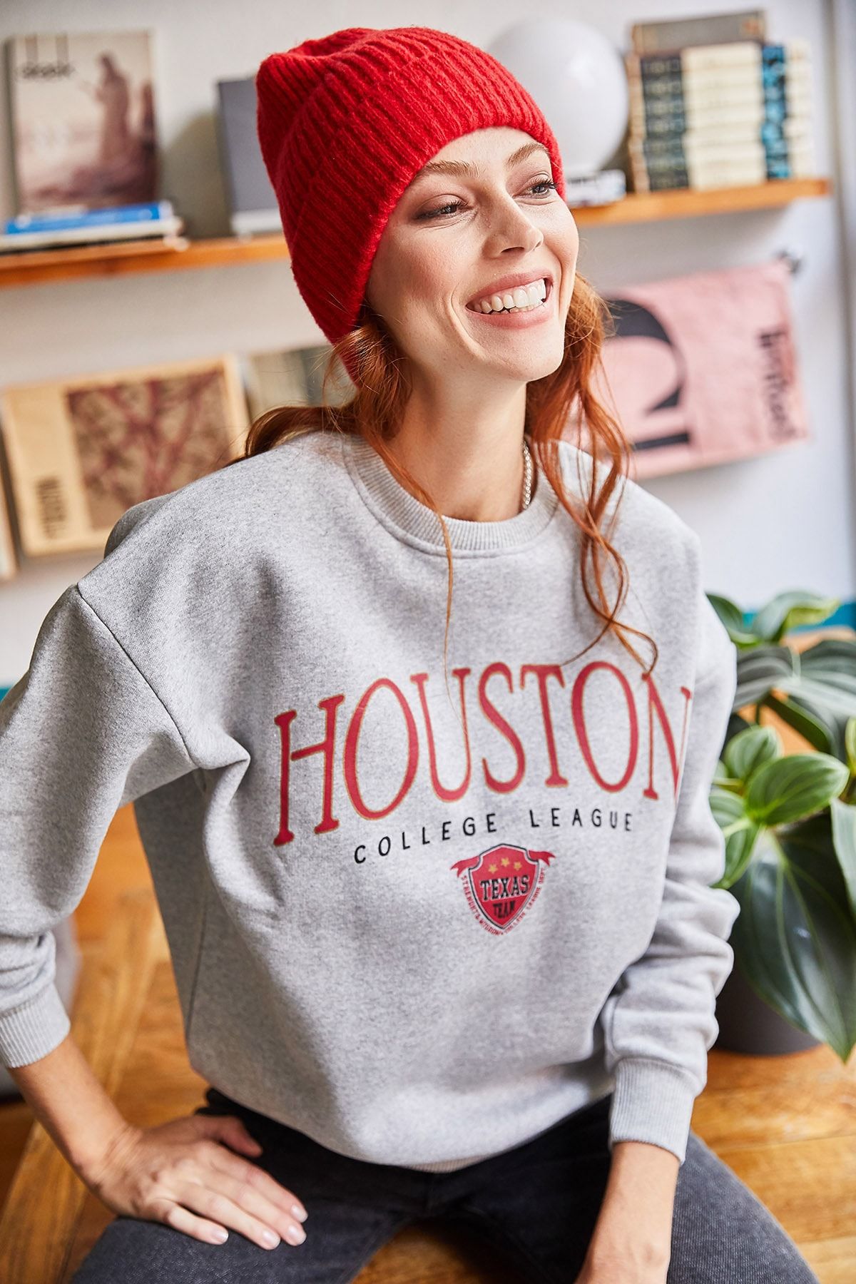 Olalook Kadın Gri Houston Baskılı Şardonlu Sweatshirt SWT-19000426