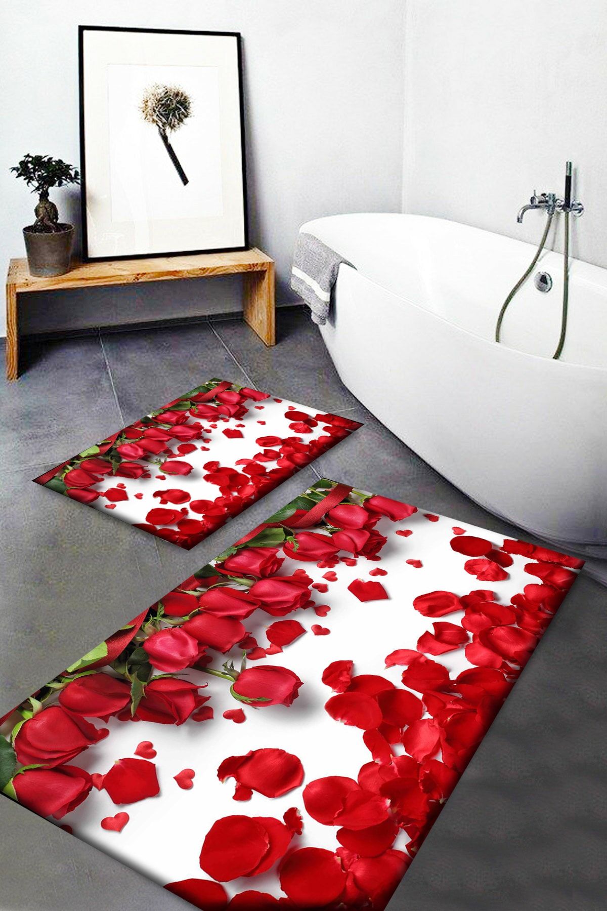 3D ELSE HALI Kırmızı Güller Desenli Yıkanabilir Kaymaz Taban 2li Banyo Halısı Paspas Klozet Takımı