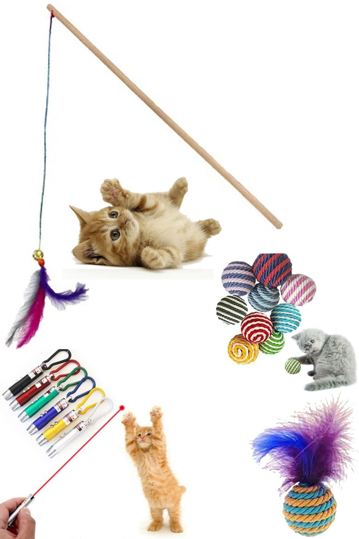 YİĞİTLERAVM 4'li Set: Ip Sarma Topu Lazer Kedi Oyun Topu Tüylü Kedi Oltası Kedi Oyuncağı