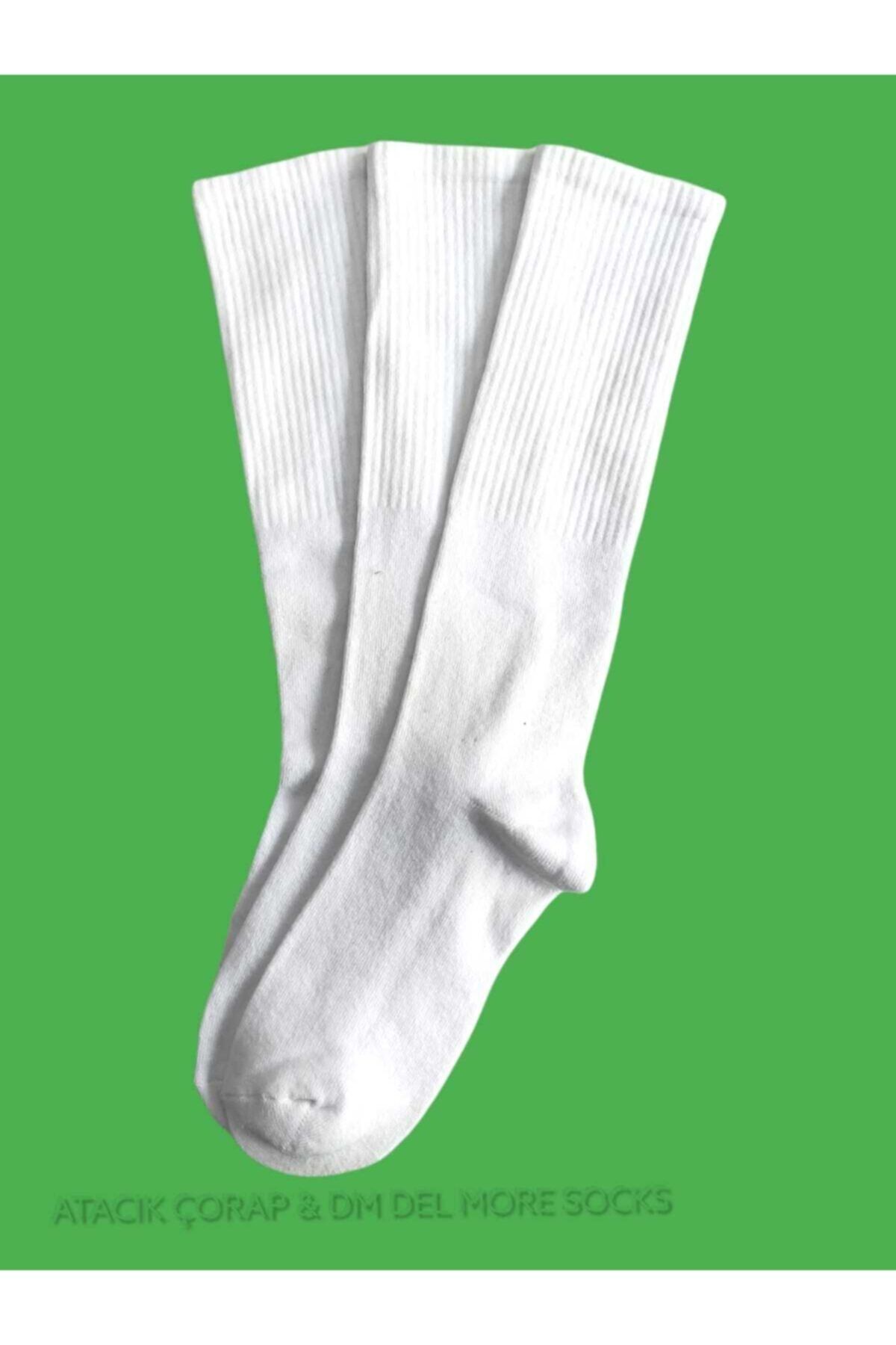 dm del more 3 Çift Unisex Düz Beyaz Diz Altı Çorap